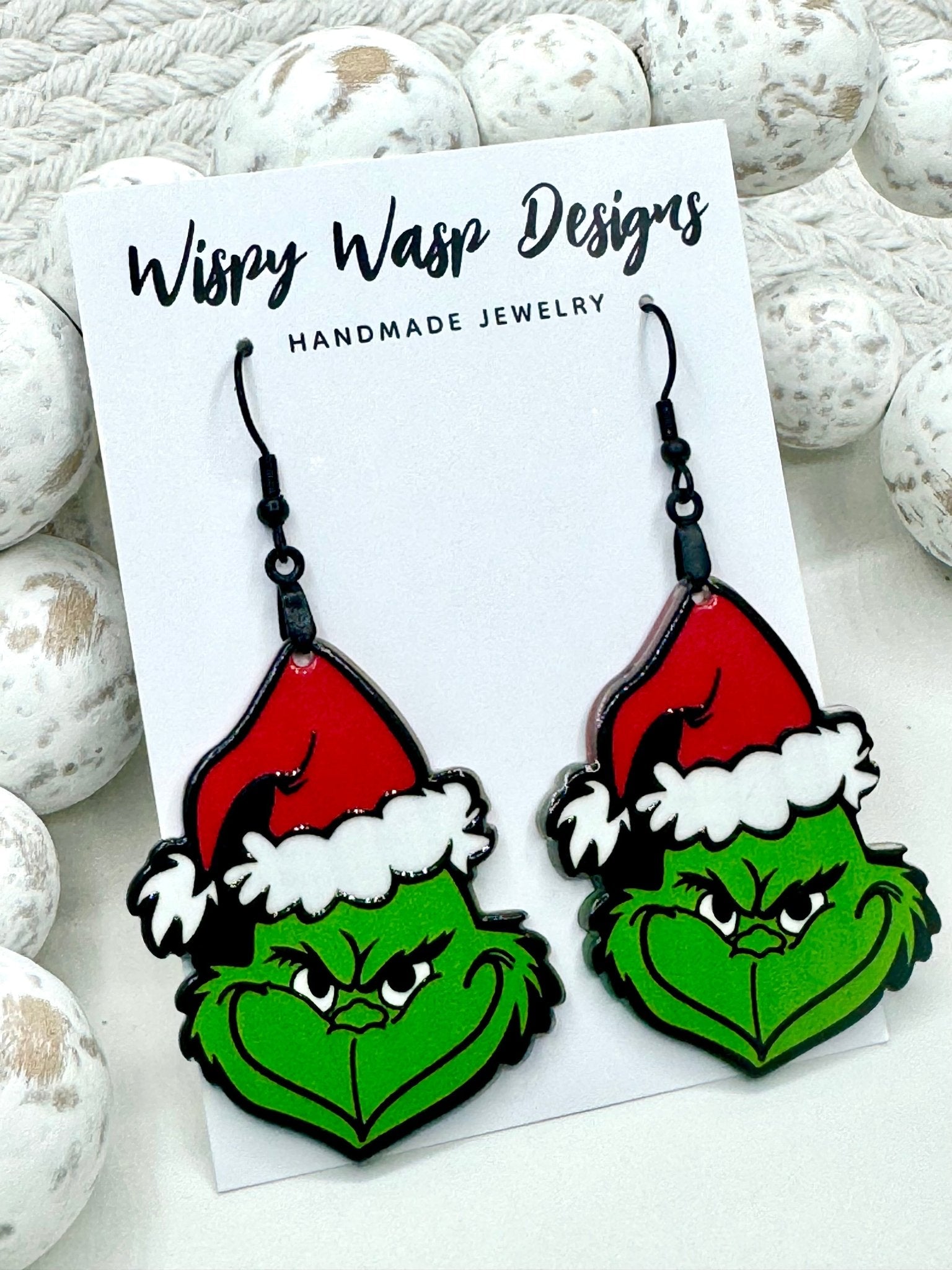 Grinch Earrings, Christmas Jewelry, Handmade Grinch Earrings by Wispy Wasp Designs