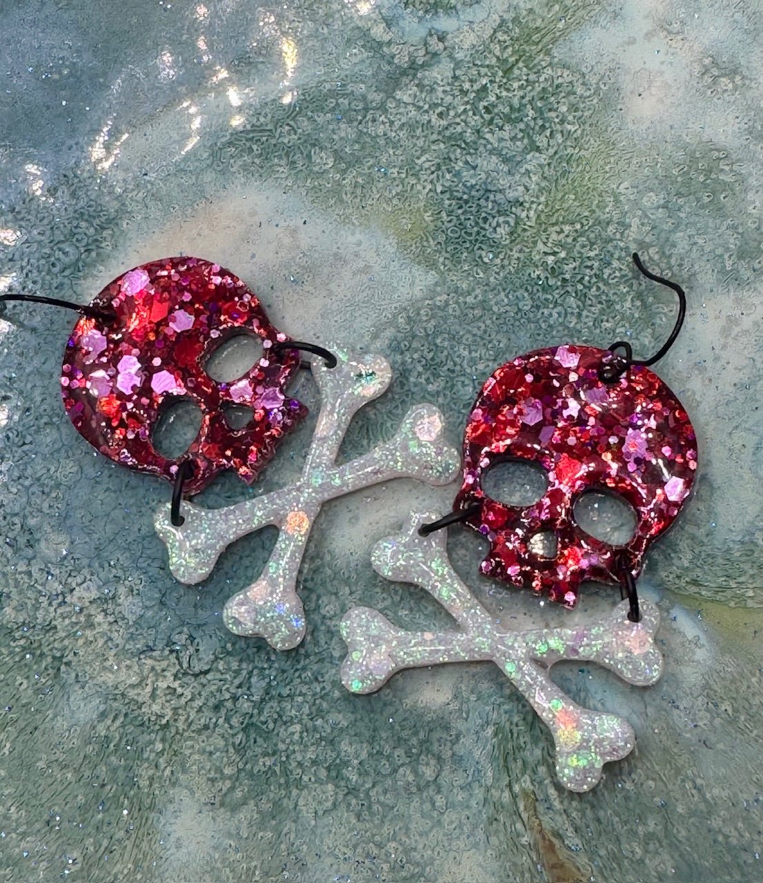 Glitter Skull and Bone Earrings: Halloween Earrings, Handmade Glitter Resin, Hypoallergenic Stainless Steel Ear Wires