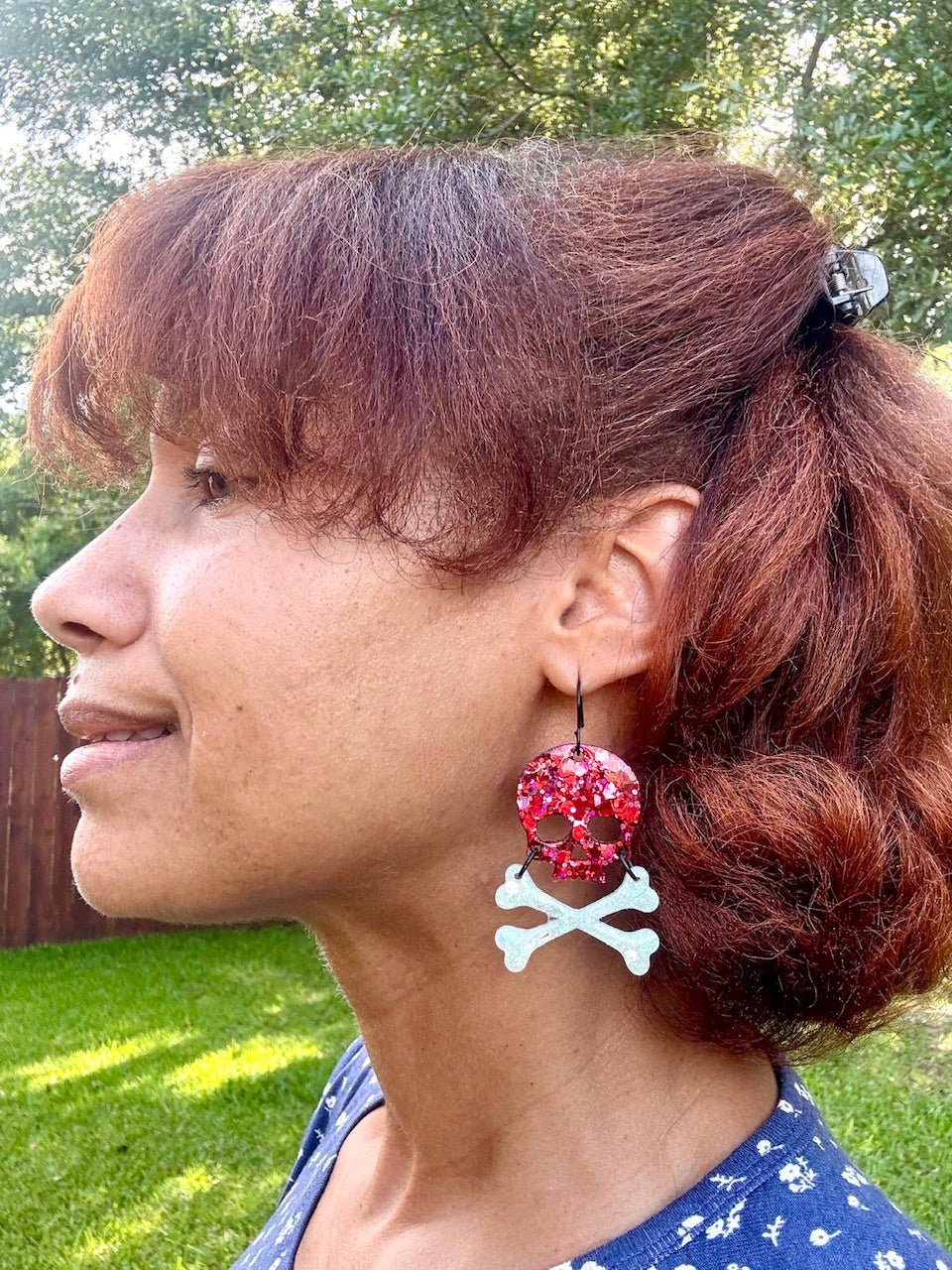 Skull and Crossbones Earrings: Red Glitter Skull Dangle Earrings for Halloween Fashion by Wispy Wasp