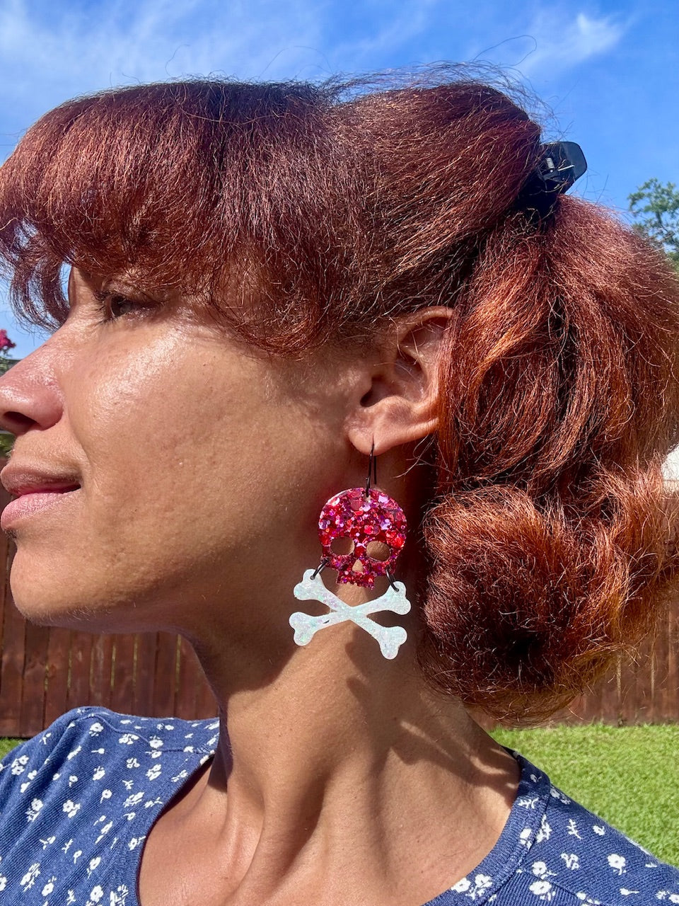 Skull & Crossbone Earrings: Halloween Jewelry, Handmade in MS, Hypoallergenic. Sparkly skeleton earrings by Main Street Collective.