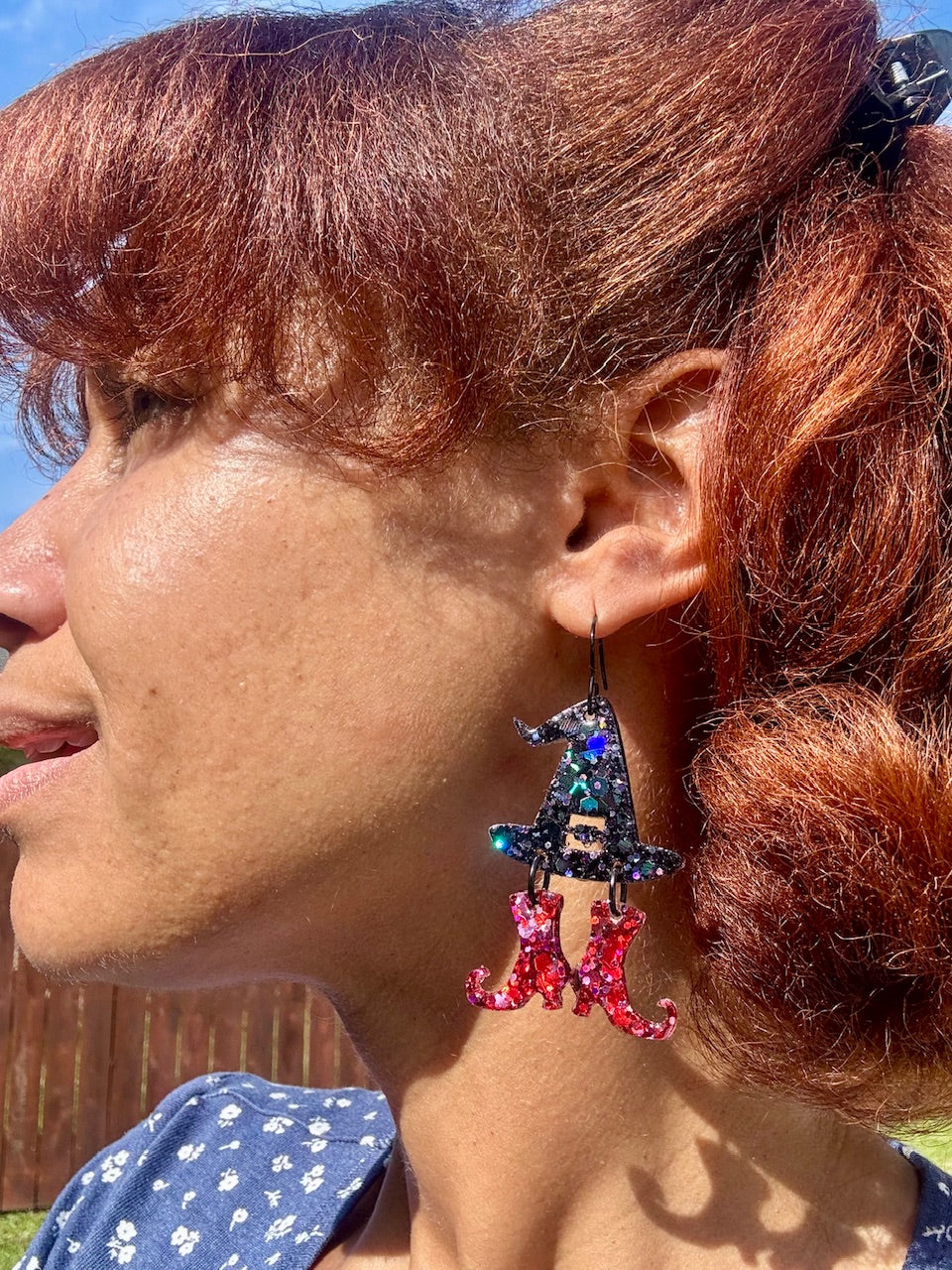 Witch Hat and Boot Earrings: Handmade Halloween Jewelry - Novelty Dangle Earrings