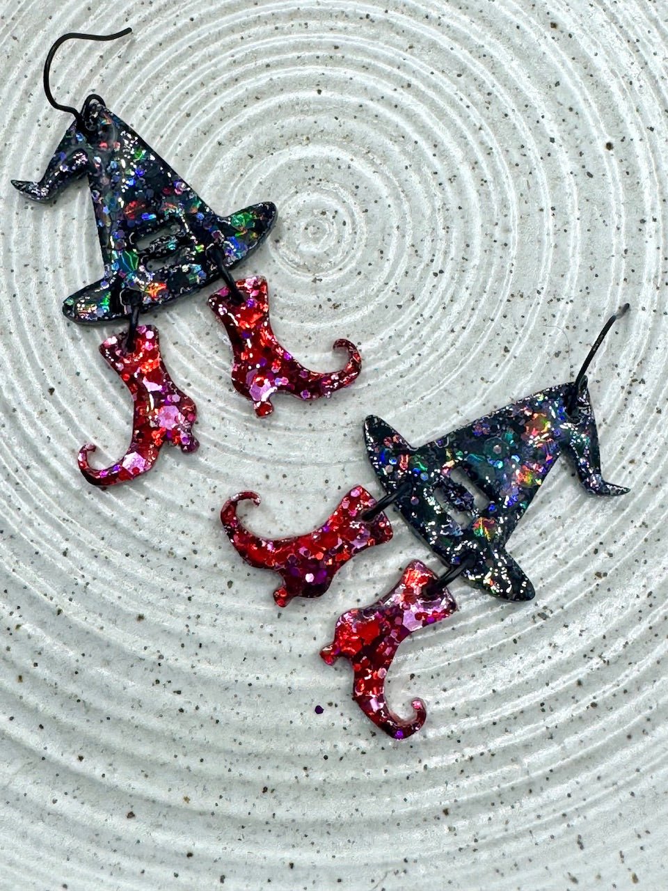 Halloween earrings: Witch hat and shoes dangle earrings, handmade and hypoallergenic, perfect spooky season jewelry.