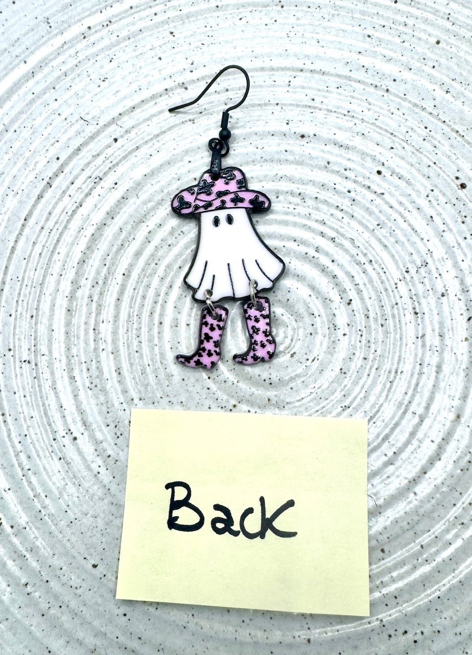 Cowgirl Ghost Earrings by Main Street Collective: Halloween Western Style handmade earrings - Black hooks, boots, and hat with pink print.