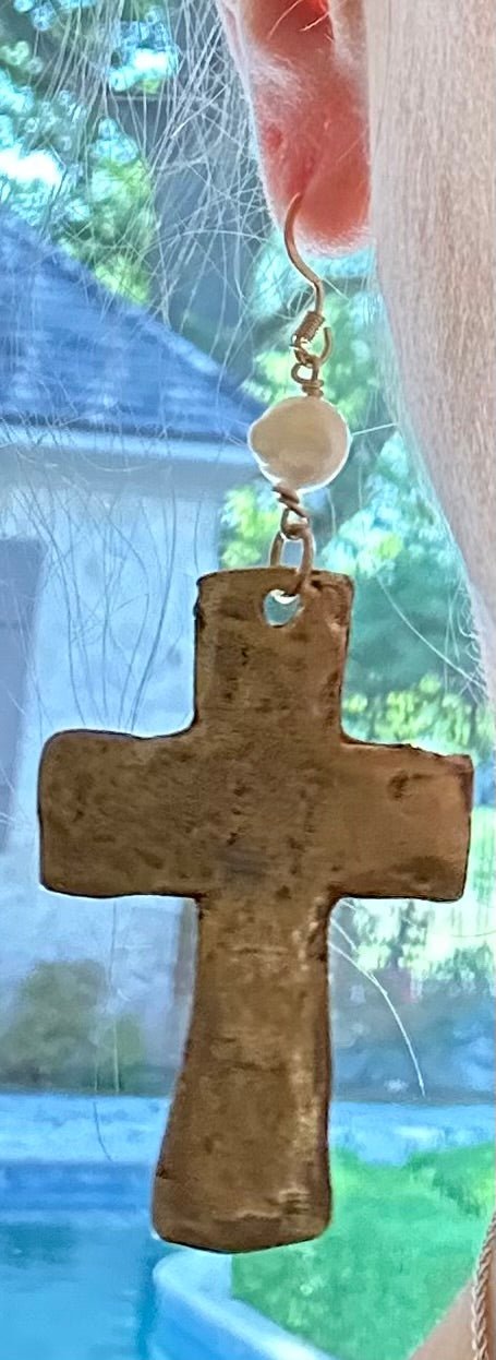 Handmade Gold Cross Earrings with Rice Pearl, Mississippi Faith Jewelry - Main Street Collective L.L.C.