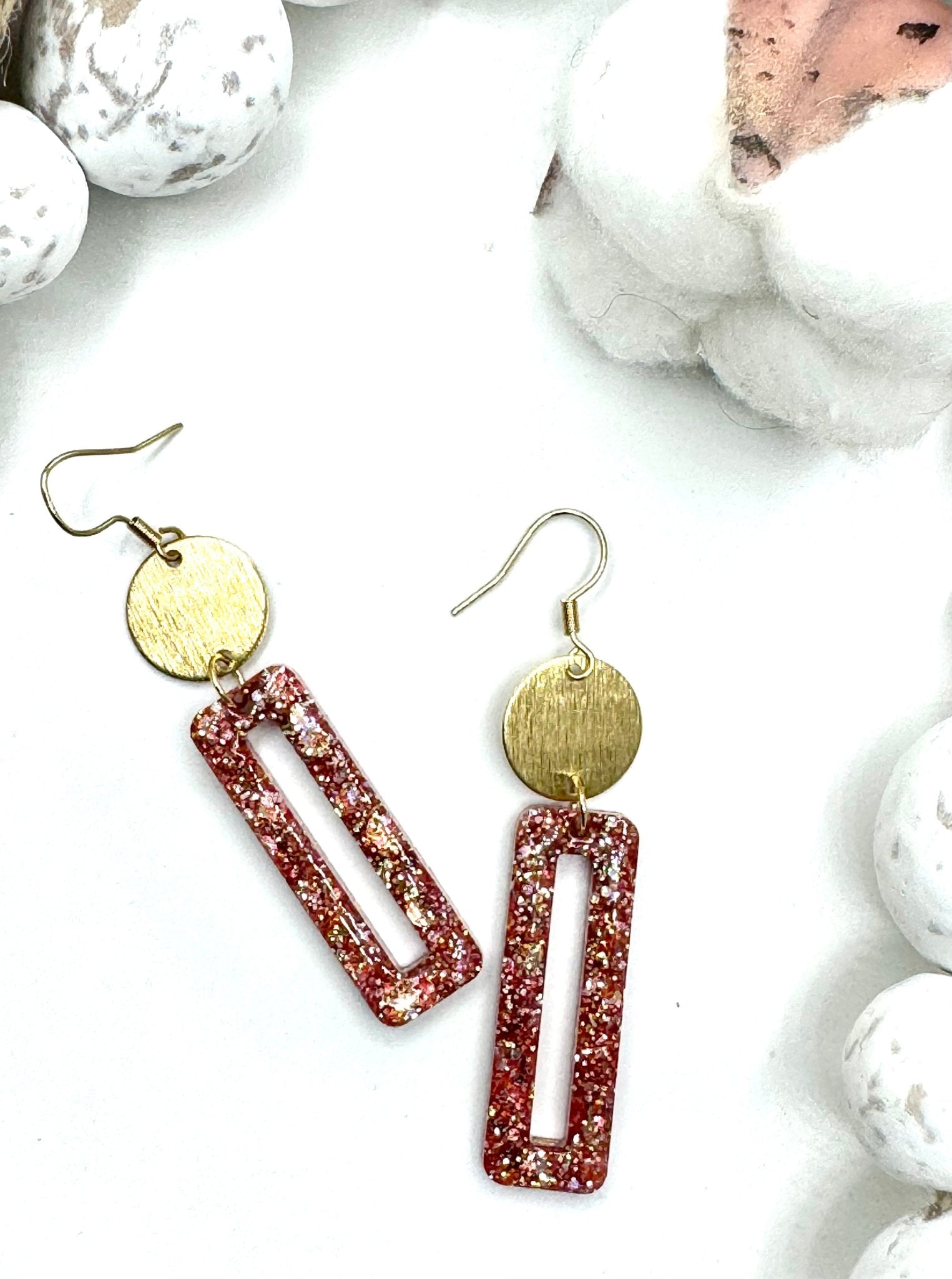 Glitter Rectangle Earrings - Gold Disc, Pink Glitter Handmade Jewelry