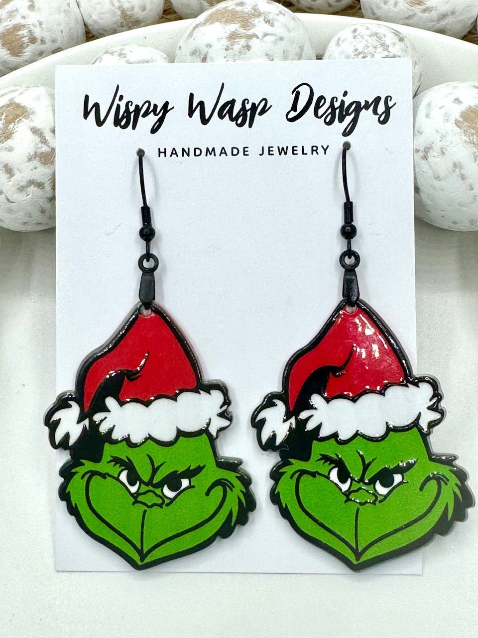 Grinch Earrings - Christmas Handmade Jewelry | Holiday Earrings | Whimsical Green Character Dangle Earrings