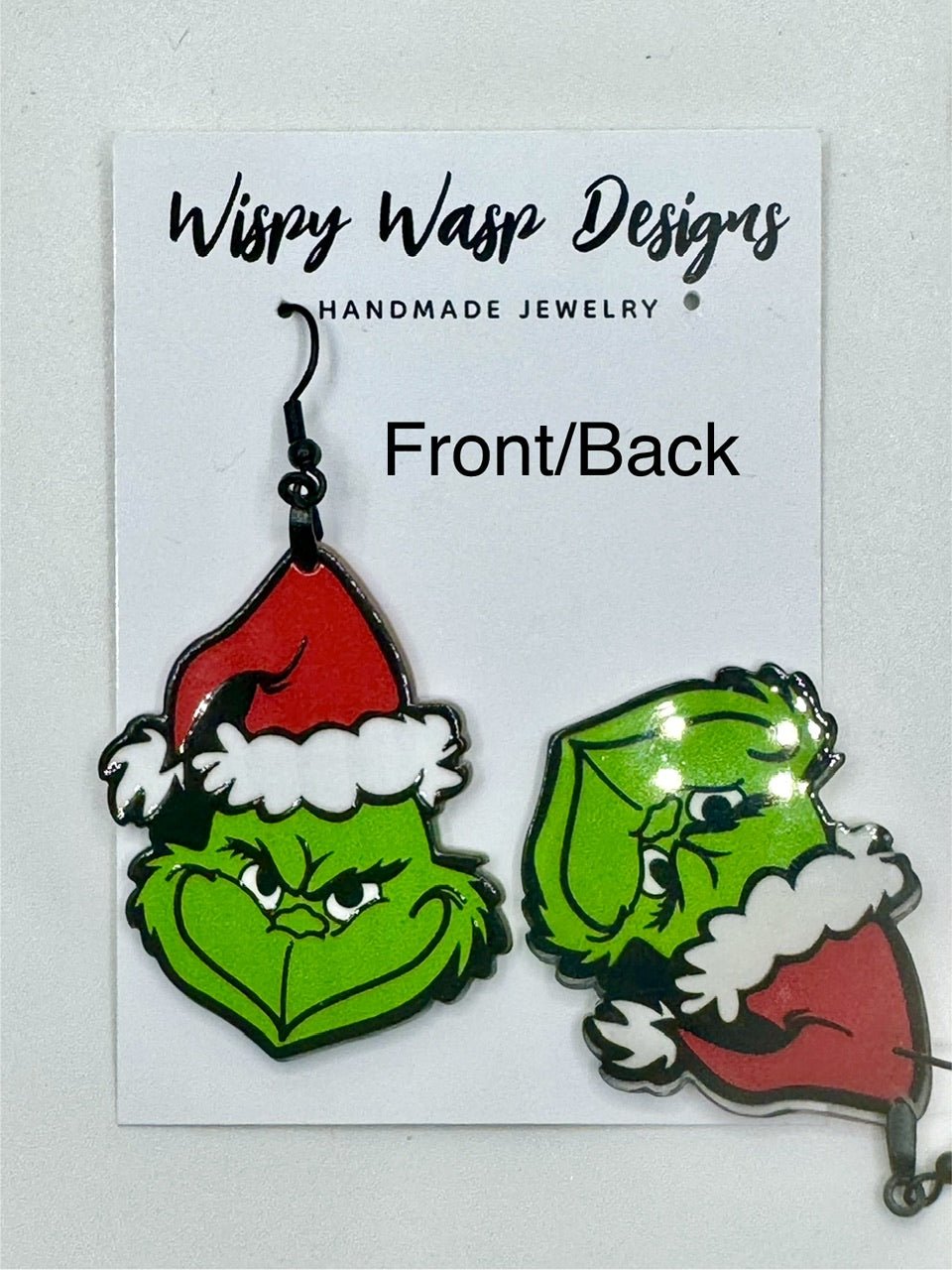 Mean Green Grinch Earrings - Wispy Wasp Handmade Christmas Jewelry - Front/Back View