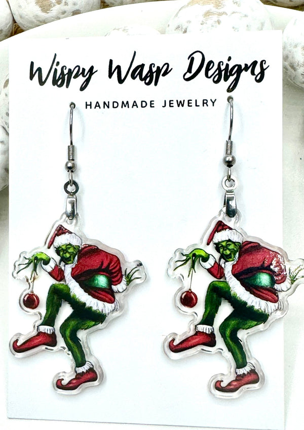 Grinch Earrings Christmas Jewelry, Handmade by Wispy Wasp Designs, Lightweight Hypoallergenic Festive Earrings