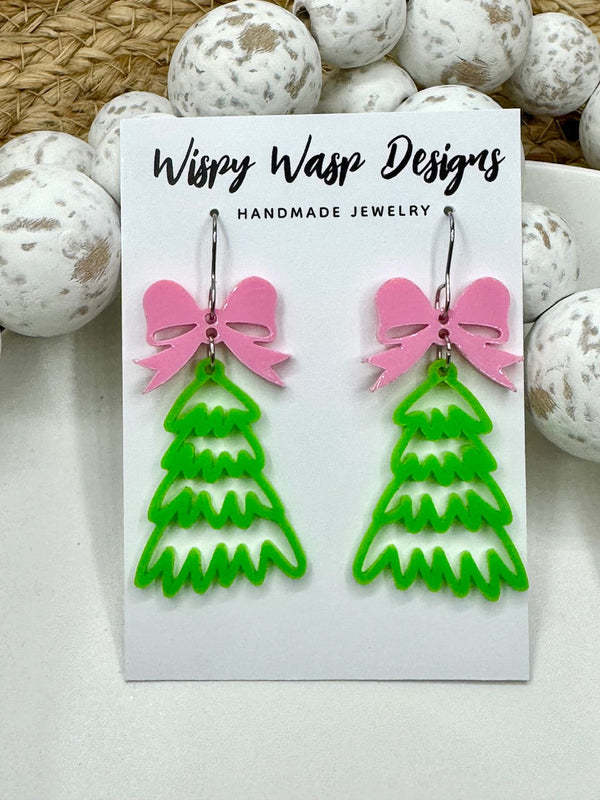 Christmas Tree Earrings - Pink Bow Green Tree - Handmade Jewelry by Wispy Wasp Designs