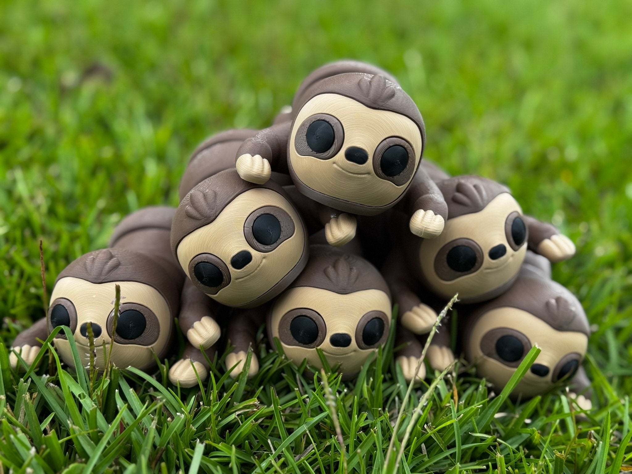 Pile of 3D printed sloth fidget toys on grass: Large, brown and beige, calming sensory toy, stress relief.