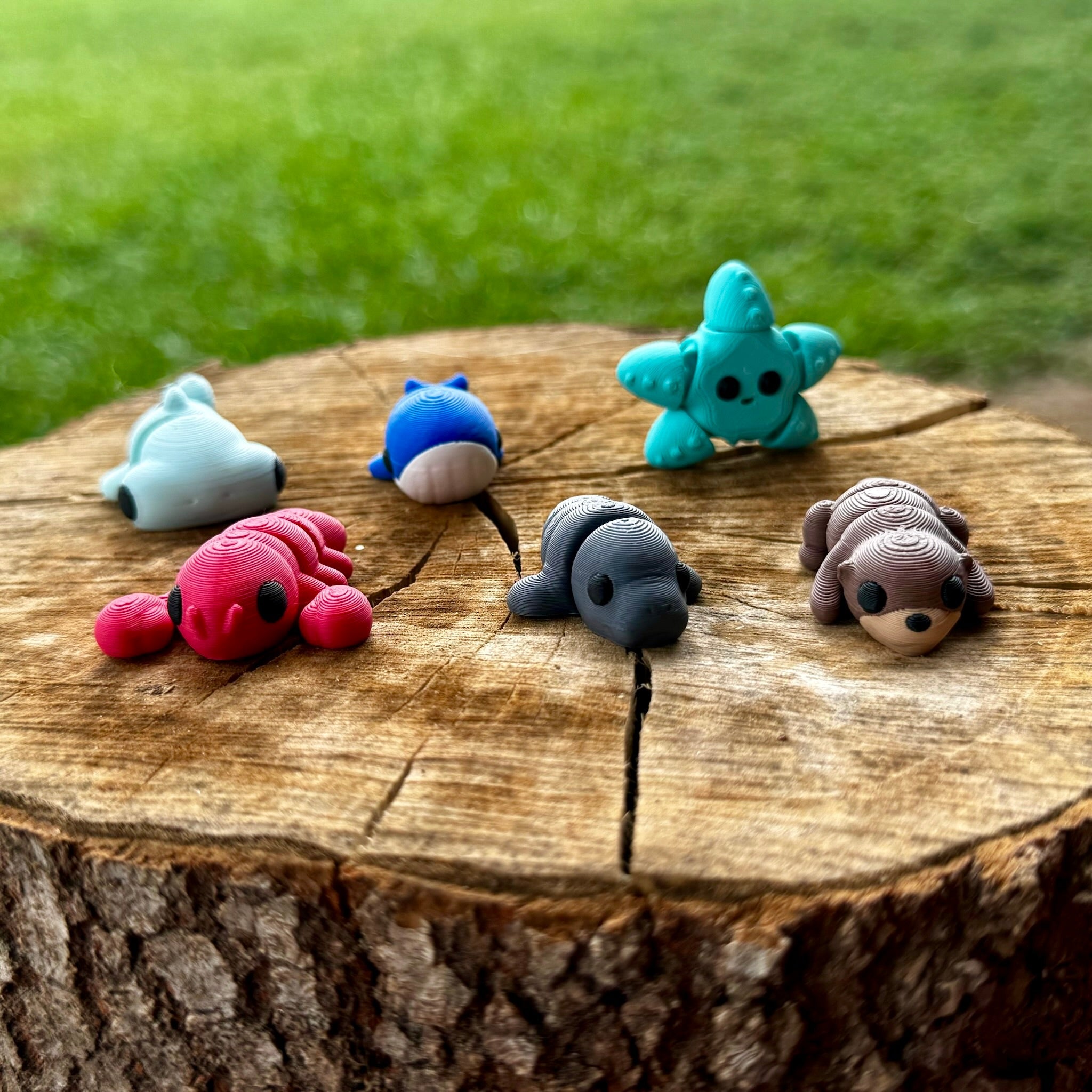 3D printed fidget toys: ocean animals- hammerhead, lobster, manatee, otter, starfish, whale. Handmade sensory toys by Mushroom Lady Co.