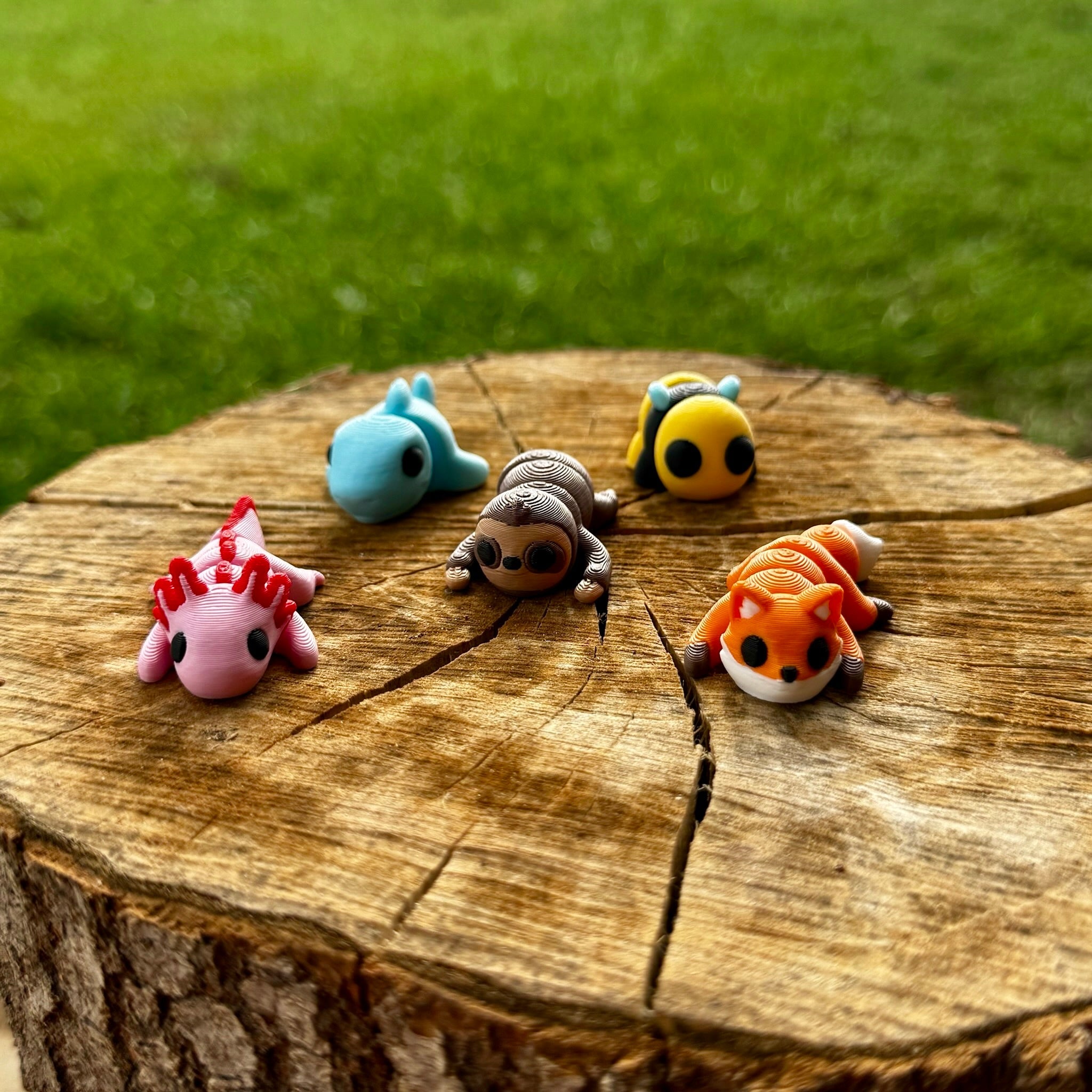 Mini Fidget Bundle: 3D Printed Axolotl, Fox, Sloth, Bee, Shark on Wood Stump | Sensory Toys | Main Street Collective