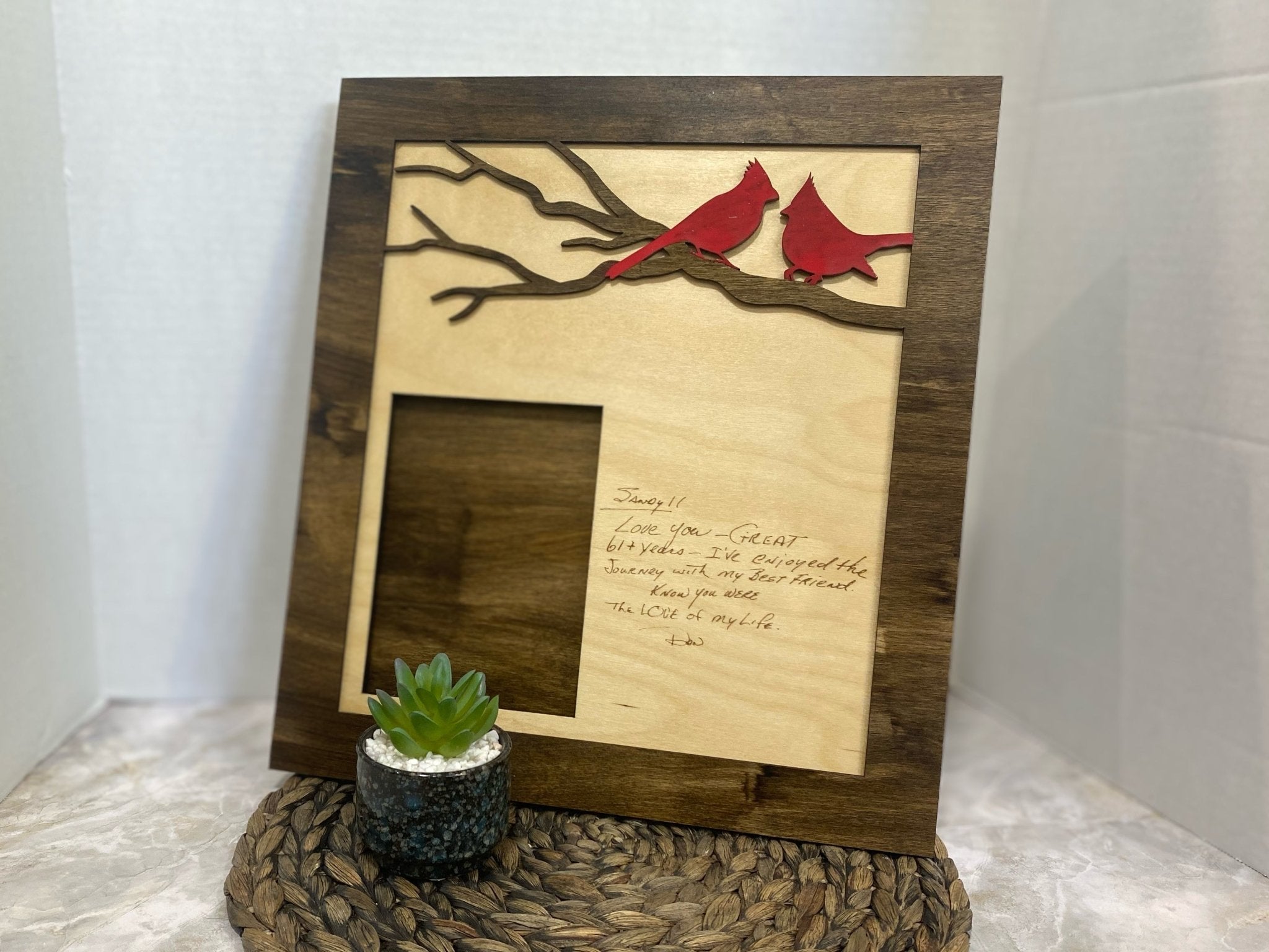 Personalized Cardinal Memorial Photo Frame - Custom Handwriting Engraved Gift, Remembrance Picture Frame, Wooden Cardinal Frame