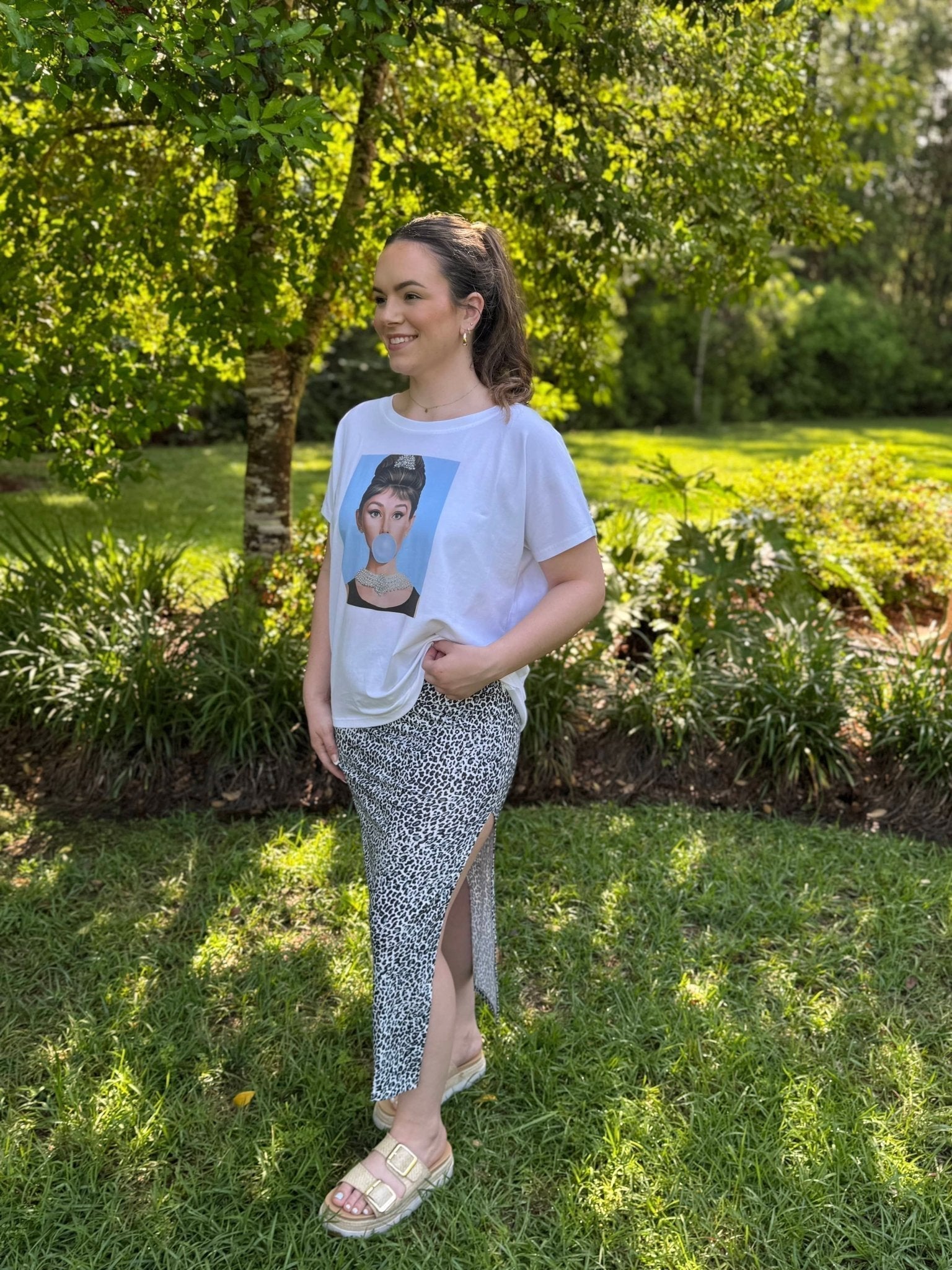 Woman in Glam Bubble Italian Tee by Main Street Collective, designer graphic t-shirt, fashion.