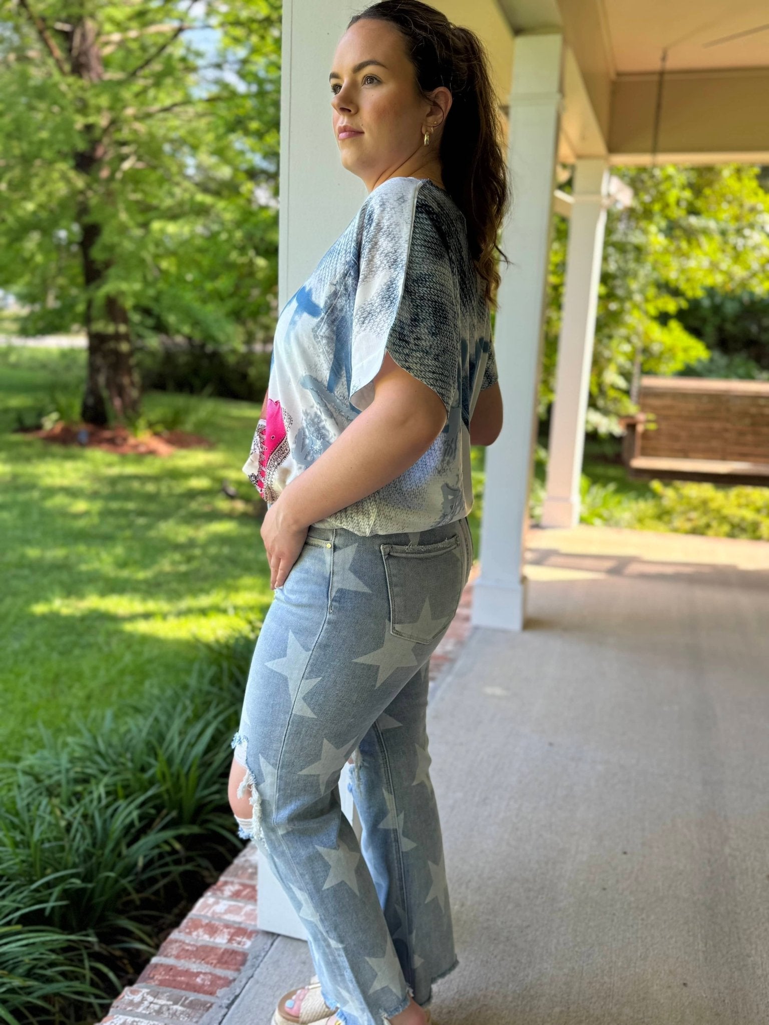 Star Print Cropped Jeans: Light Wash Denim, High Rise, Flare Fit | Women's Fashion Jeans | Shop Boutique Denim Online