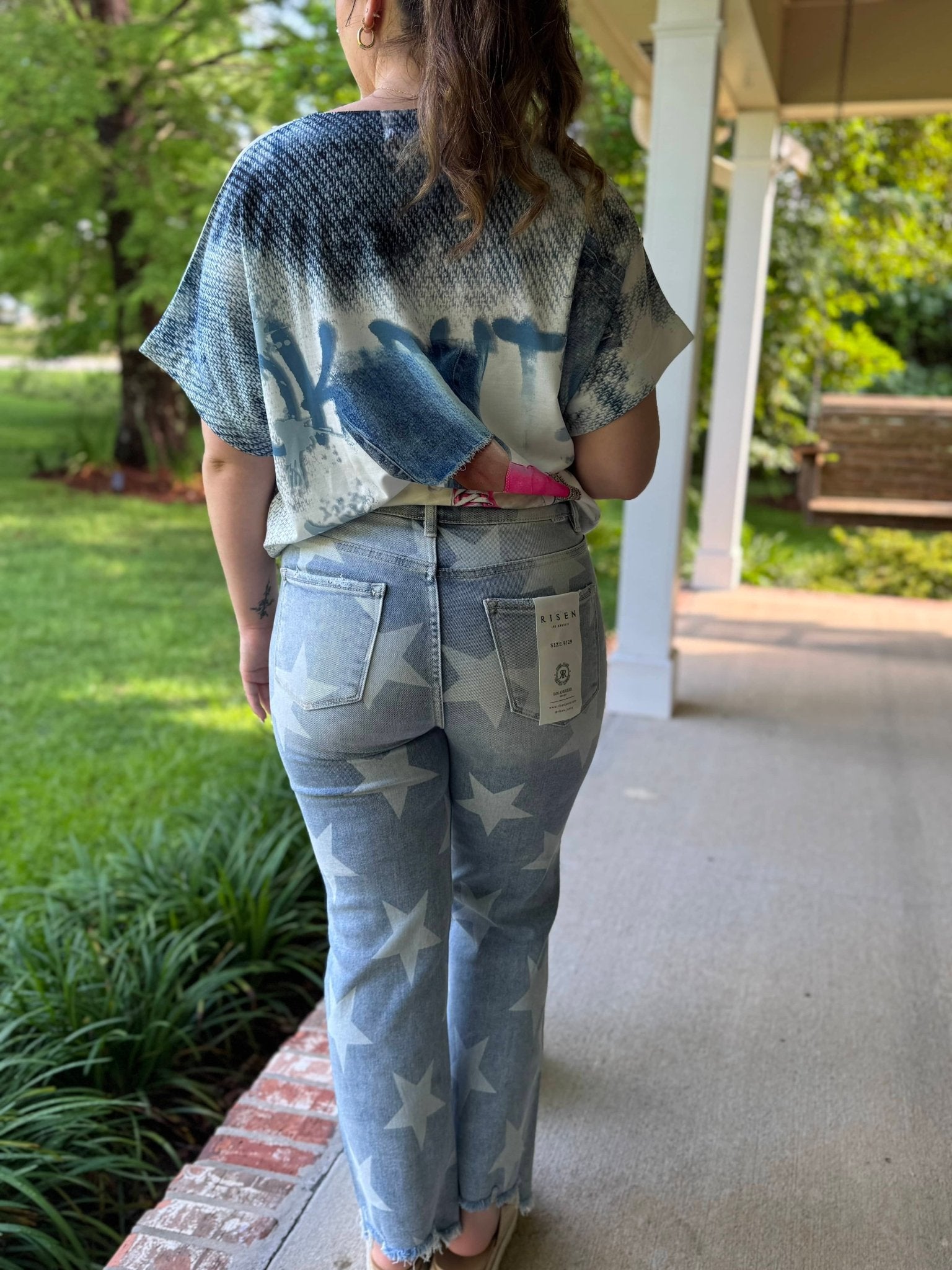 RISEN Star Struck Jeans: Light Wash Star Print Cropped Straight Women's Denim | Main Street Collective Boutique