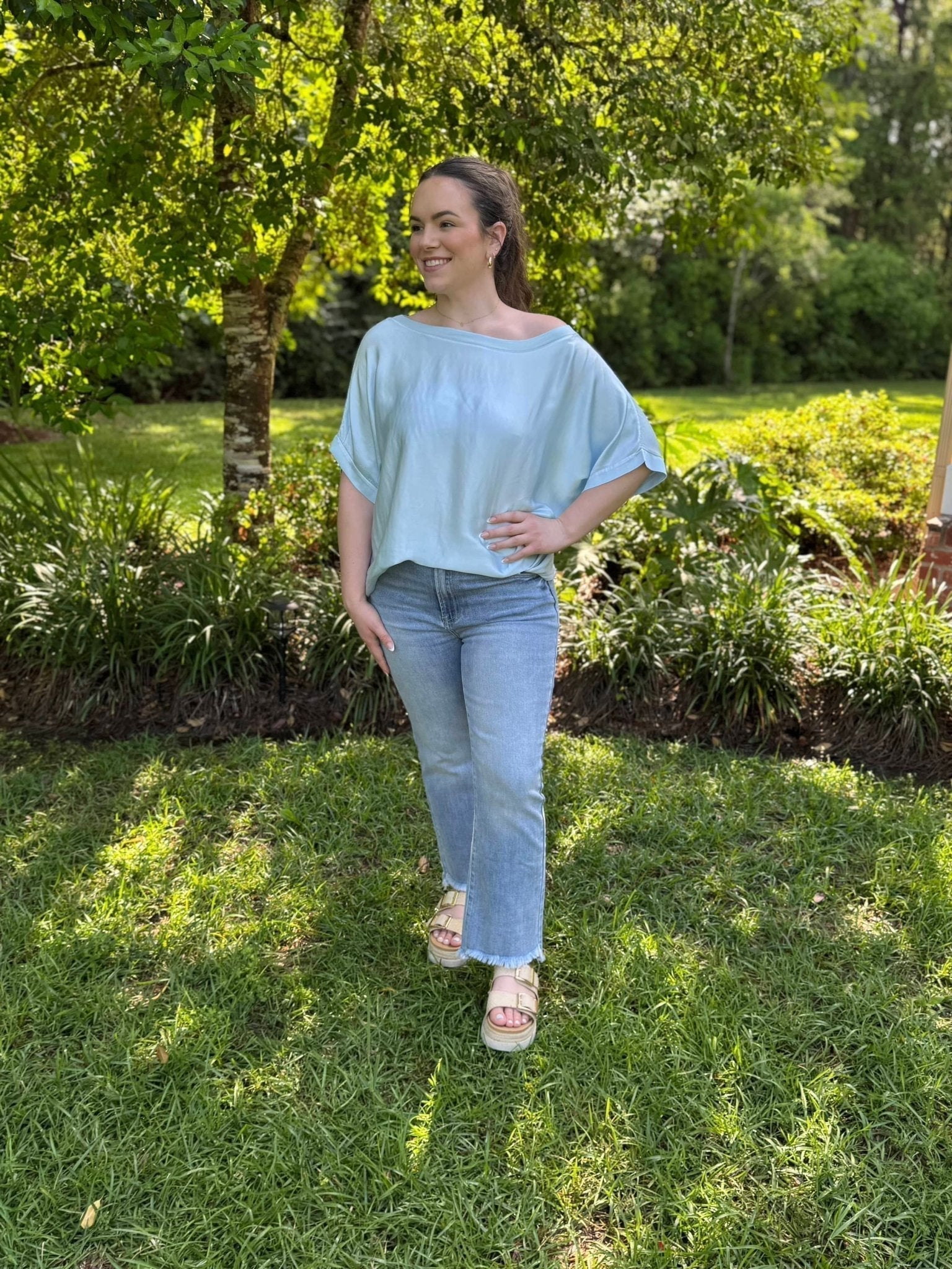 Woman in Blue Satin Italian Blouse: Boxy Fit Top from Main Street Collective L.L.C