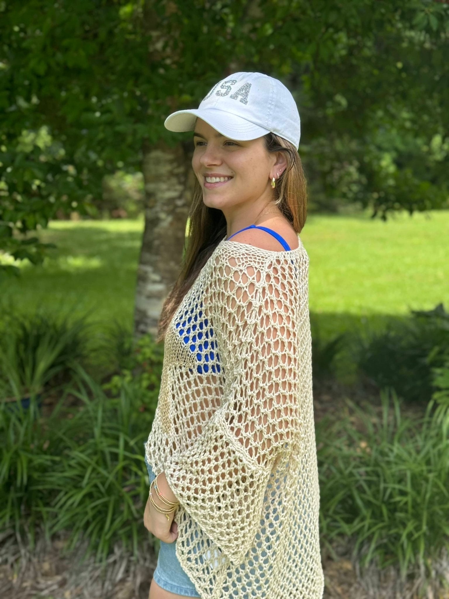 Woman in Italian Crochet Star Top by Main Street Collective L.L.C, Mississippi Boutique Style Clothing