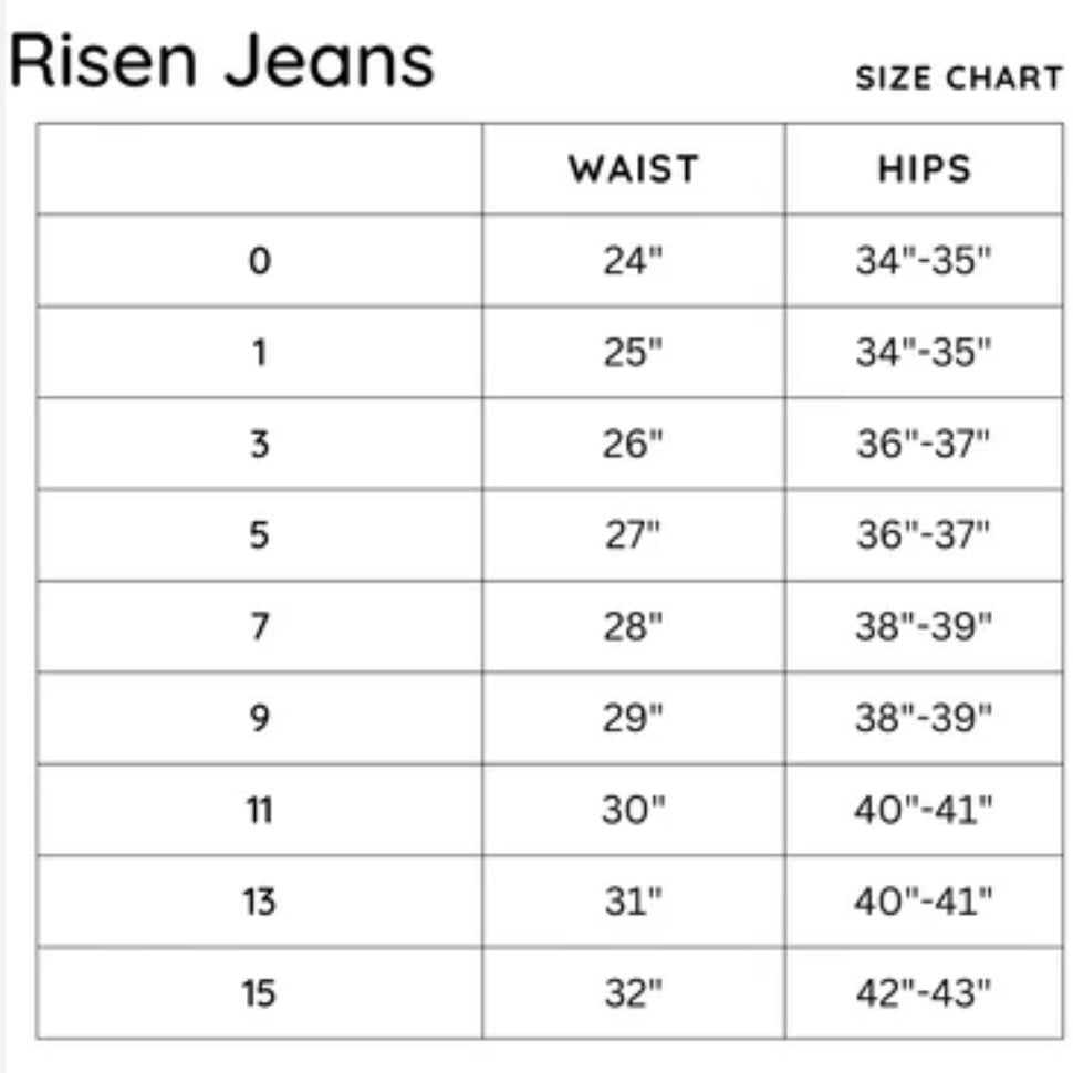 Risen Jeans Size Chart: Waist & Hips Measurements for Sizes 0-15