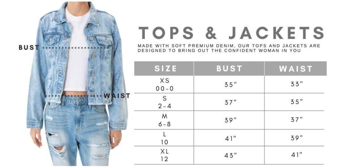Kan Kan Denim Jacket Size Chart: Bust & Waist Measurements for XS, S, M, L, XL | Shop Trendy Women's Denim Jackets