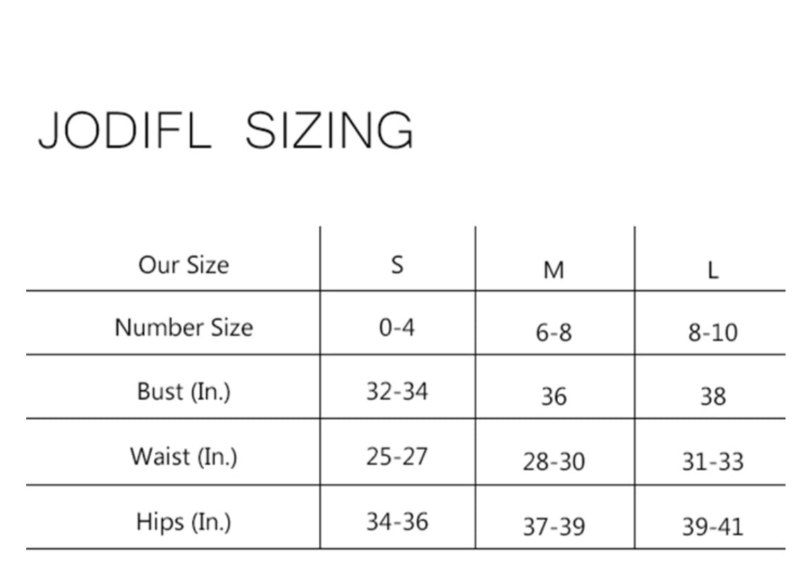 JODIFL Size Chart: Clothing sizing guide with waist, bust & hip measurements. Find your fit!