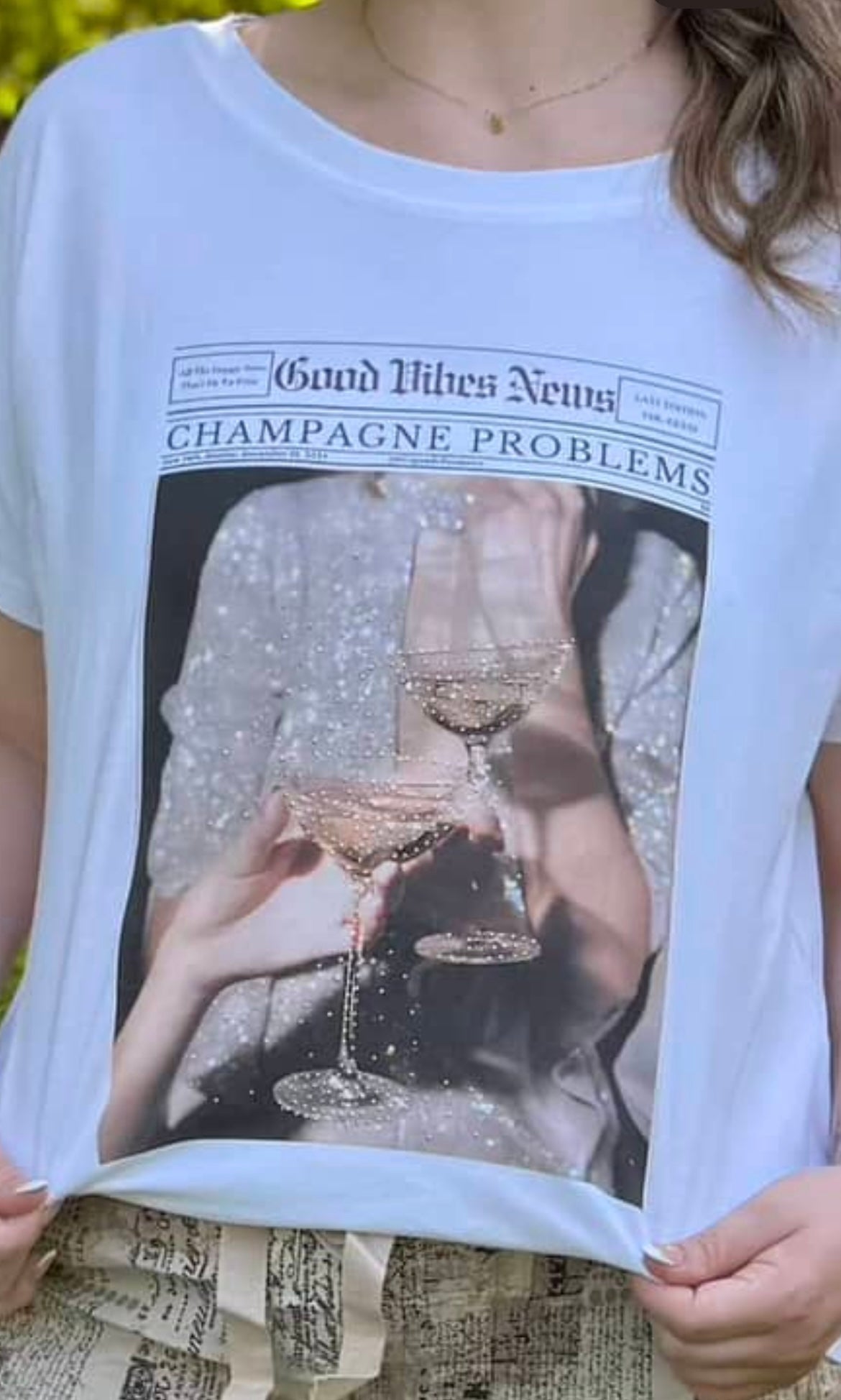 Champagne Problems Graphic Tee: Italian Style Rhinestone Top for Women, One Size Fits Up to 12