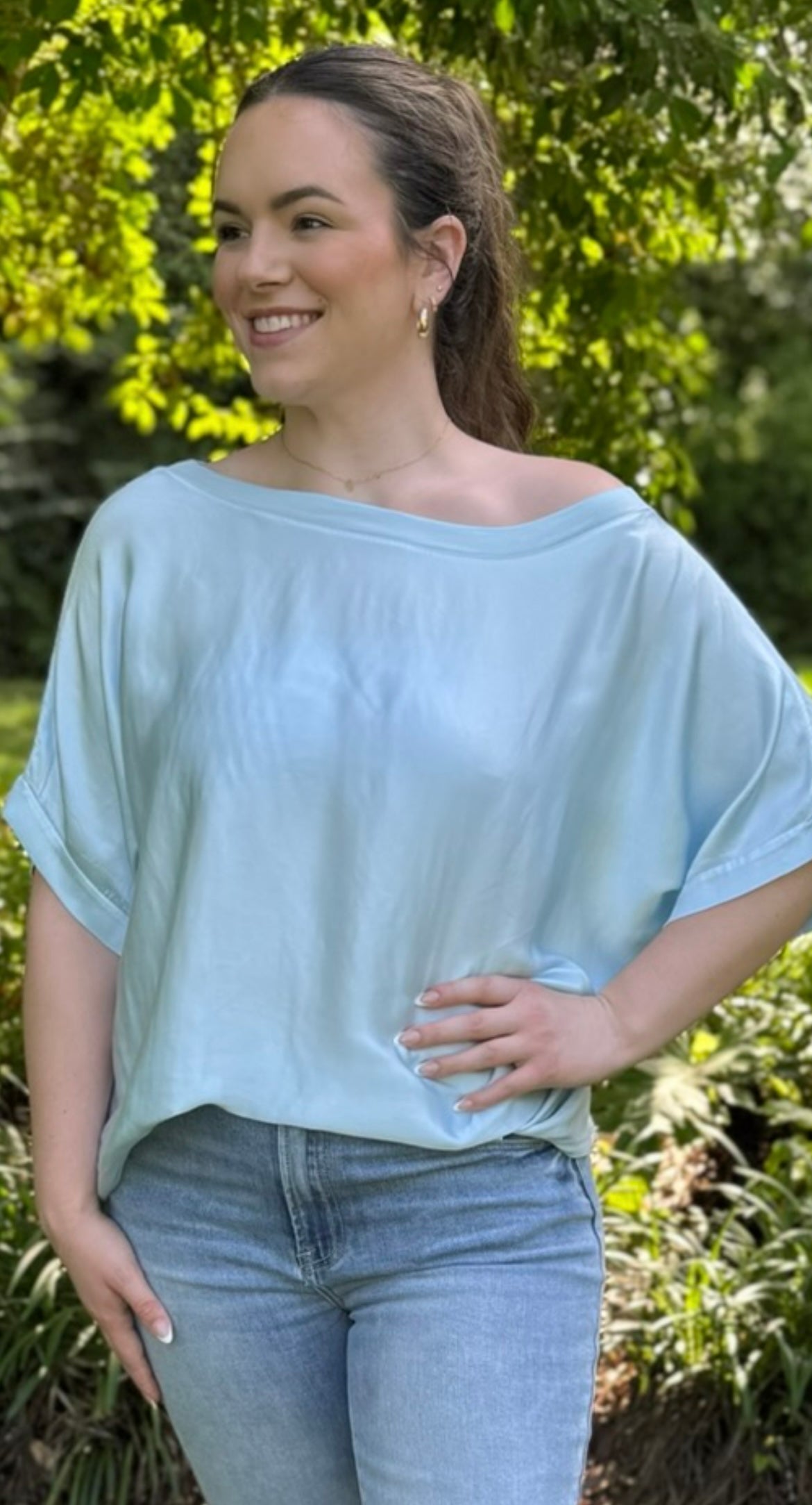 Italian Blue Satin Blouse - Short Sleeve, One Size - Stylish Women's Top