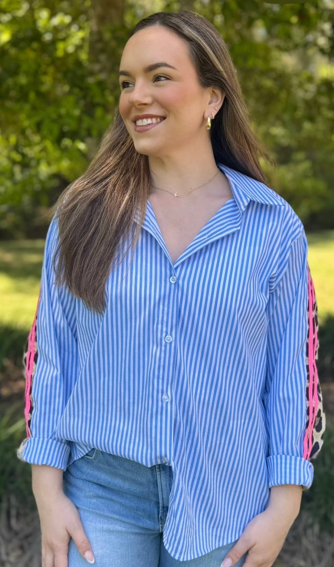 Striped Button-Down Shirt with Leopard Sleeves | Women's Fashion Top | Main Street Collective