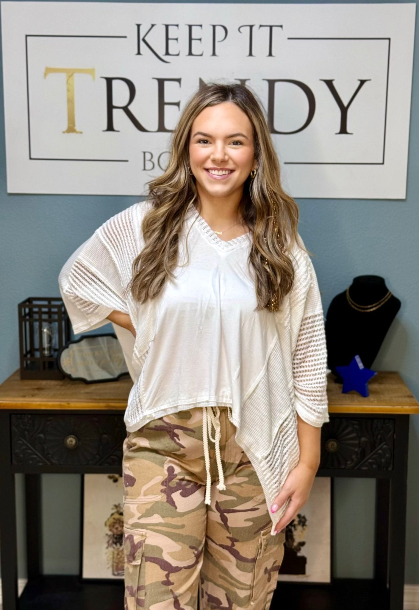 POL White High-Low V-Neck Top & Camo Pants - Main Street Collective L.L.C Boutique Fashion