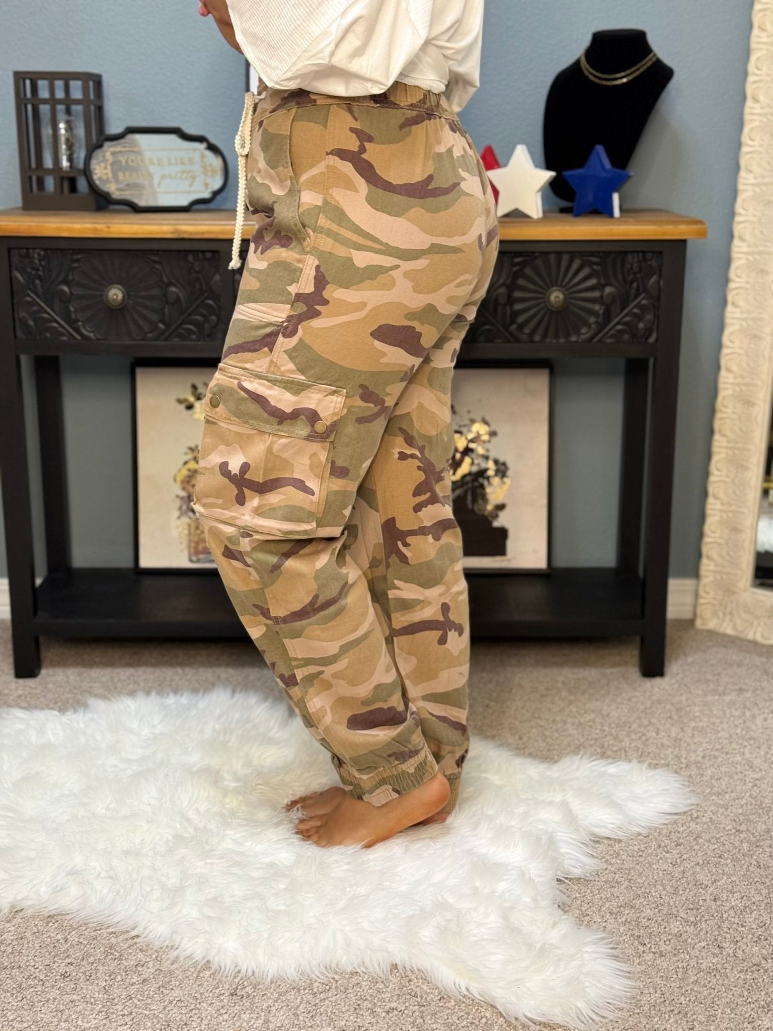 Beige Camo Joggers - Women's Cargo Pants | Elastic Waist, Drawstring | Main Street Collective Fashion Boutique