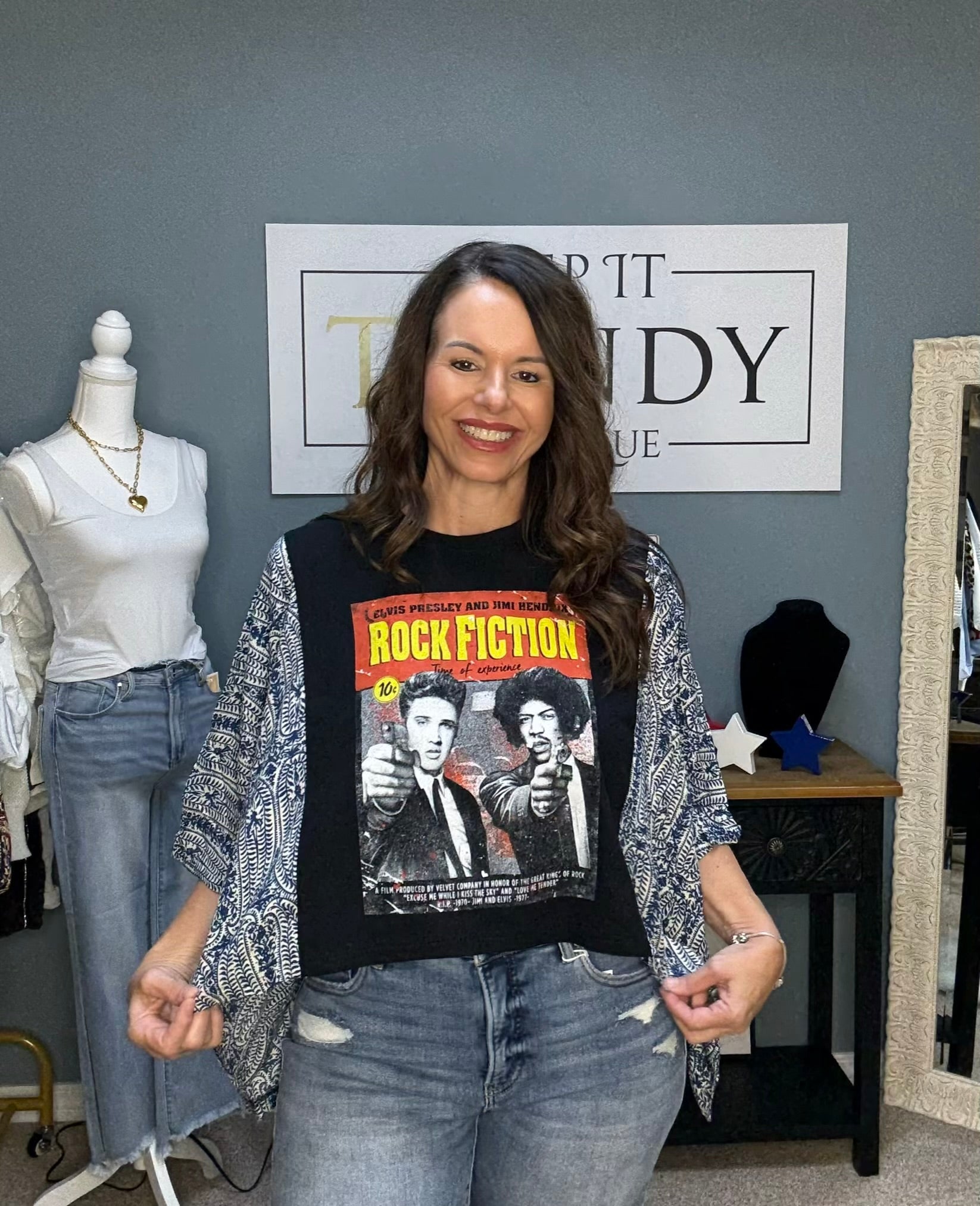 Shannon Passero Rock Fiction Pullover: Elvis & Hendrix Vintage Tee with Batwing Sleeves - Shop Main Street Collective