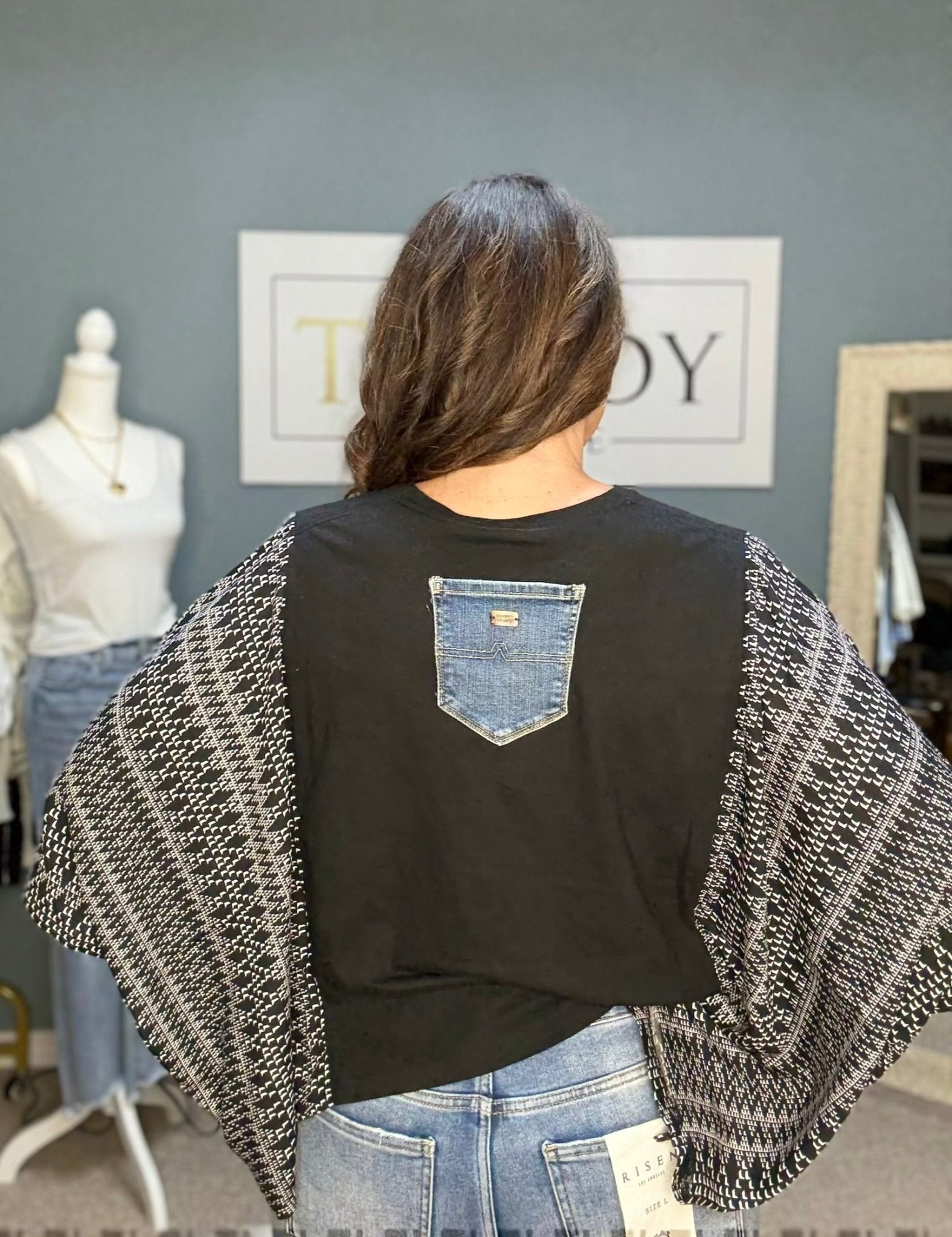 Upcycled Black T-Shirt with Denim Pocket & Batwing Sleeves - Risen Jeans Patch Detail on Women's Fashionable Top