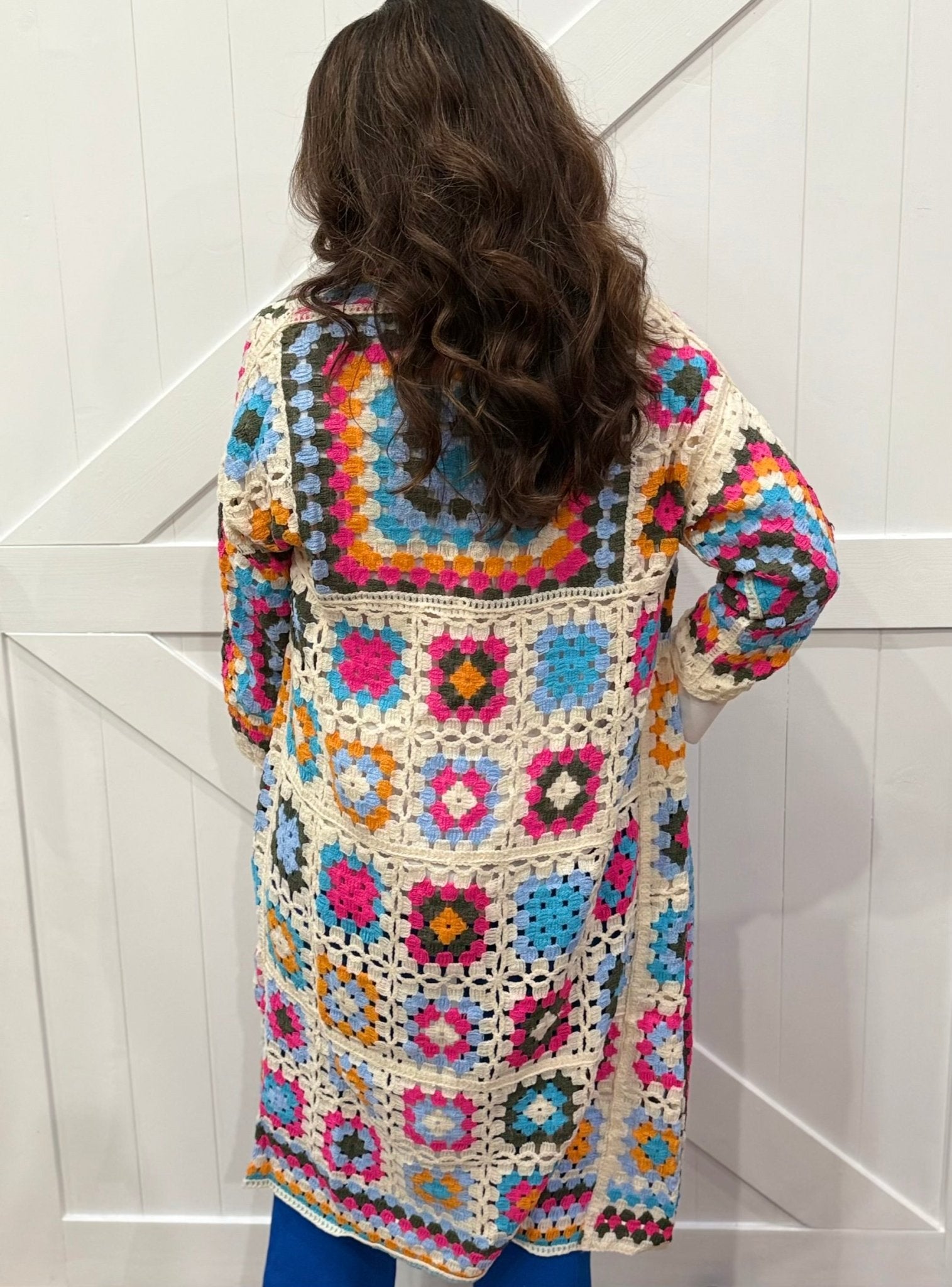 Boho Crochet Cardigan: Multicolored Open Front Women's Fashion by Main Street Collective & Keep it Trendy Boutique