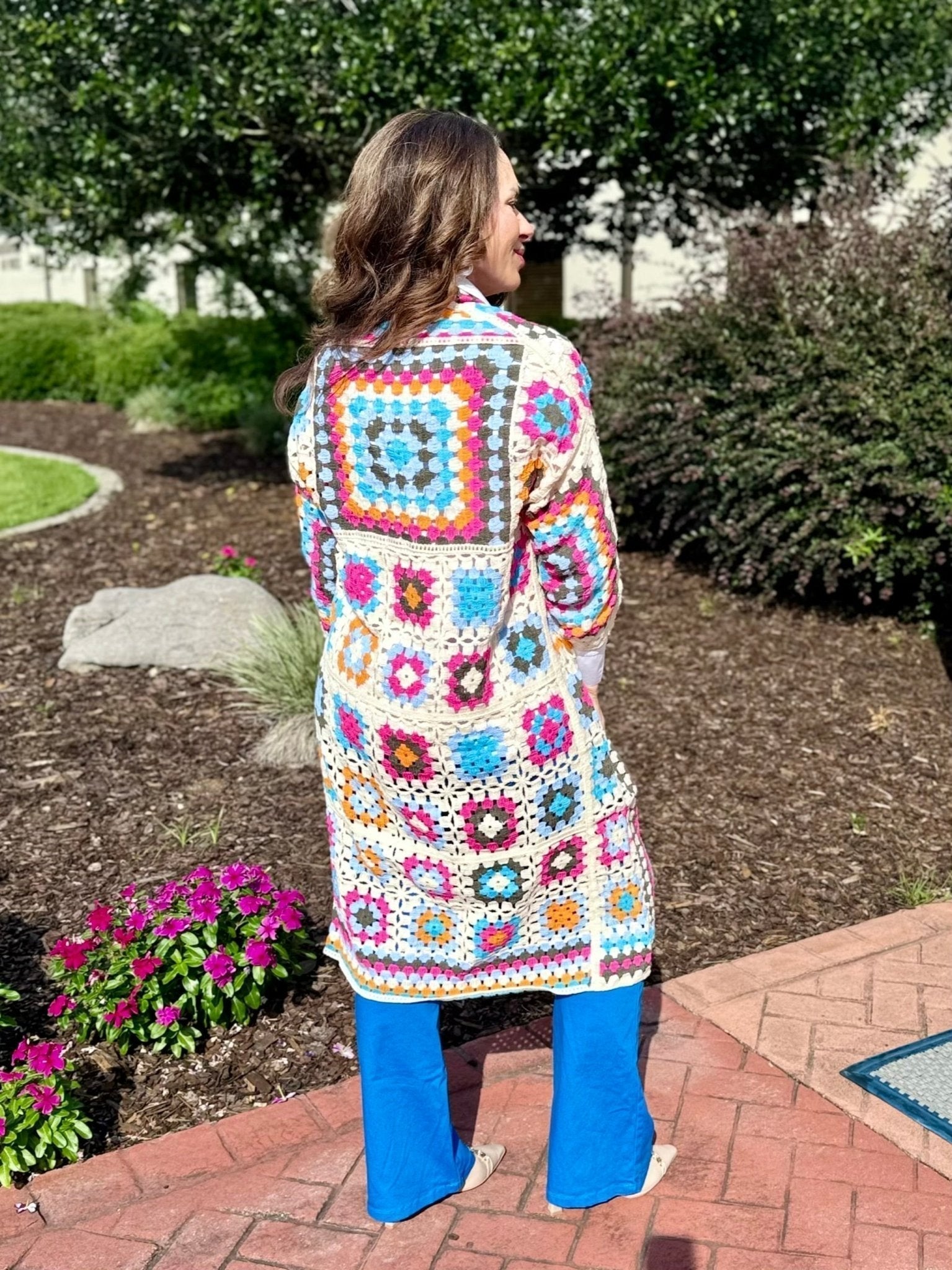 Boho Crochet Cardigan: Main Street Collective POL Open Front Multicolor Outfit.