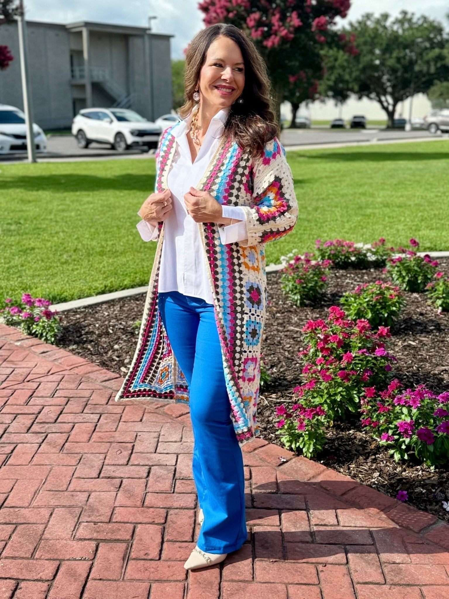 Boho Chic: Multicolored Crochet Cardigan Outfit by Main Street Collective - Open Front, Bohemian Style. Shop Now!