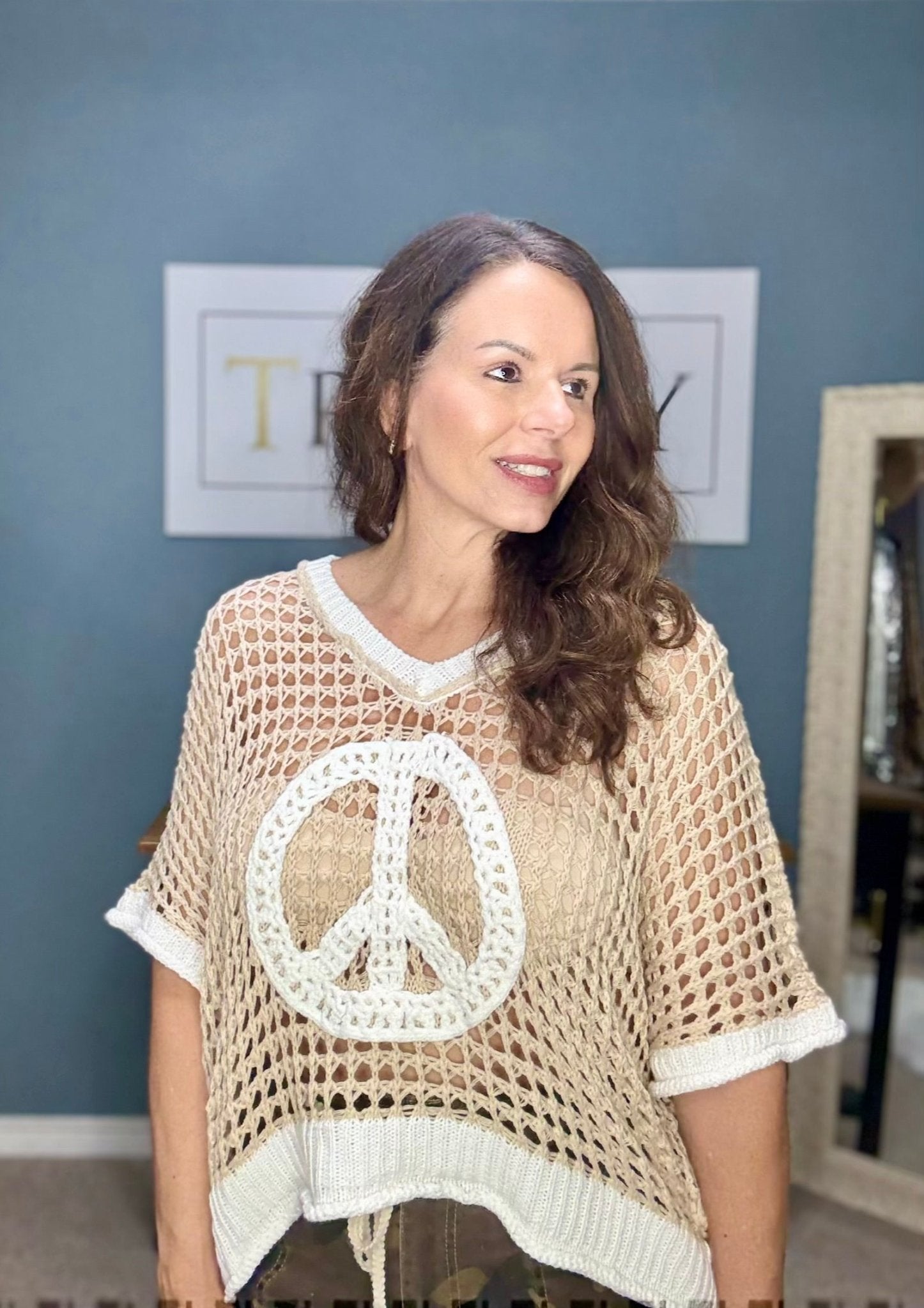 POL Crochet Peace Sign Sweater - Main Street Collective Boutique