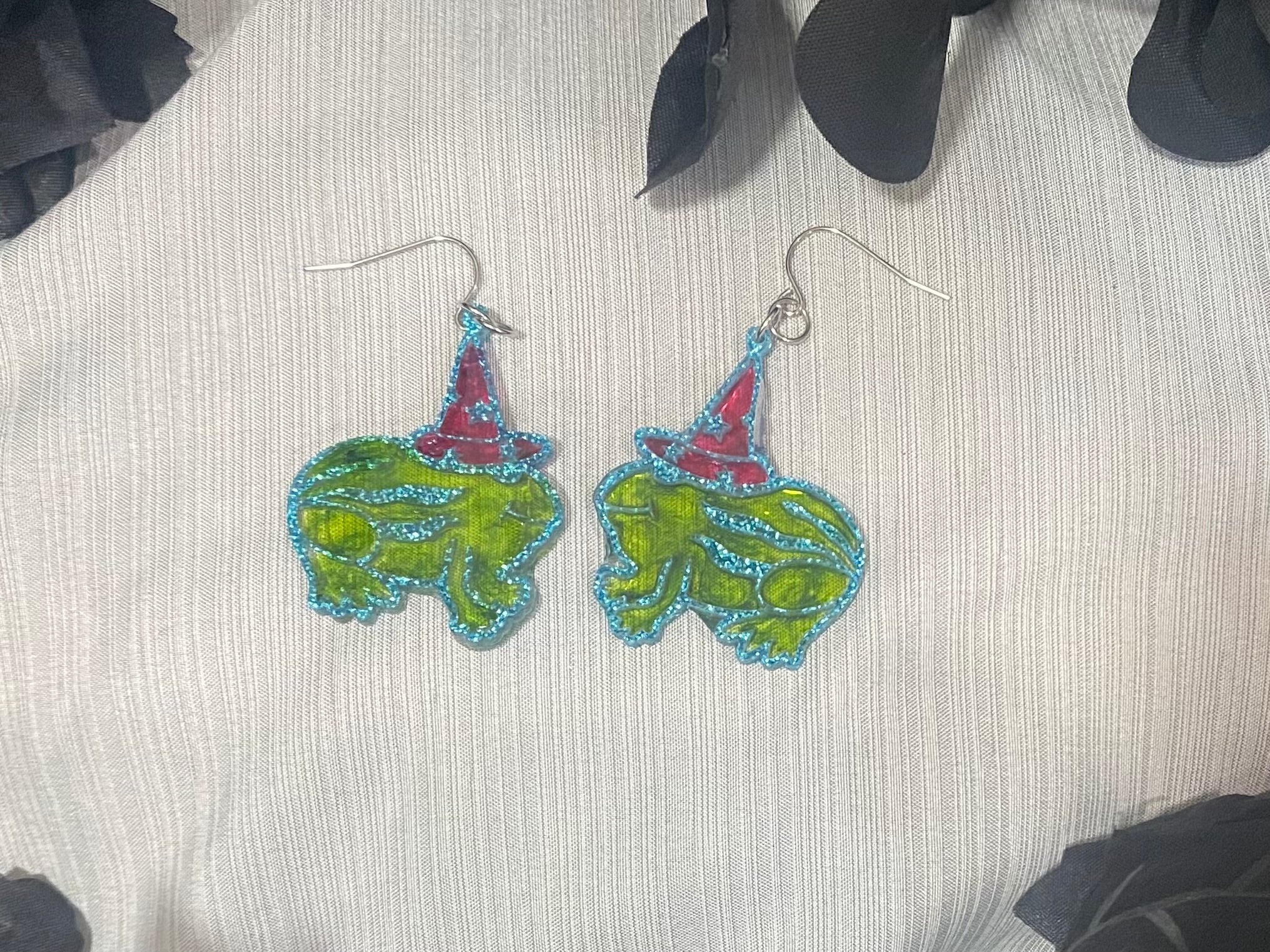 Summerween Watermelon Frog Wearing Pointed Hat Resin Filled Acrylic Dangle Earrings with Stainless Steel Earwire
