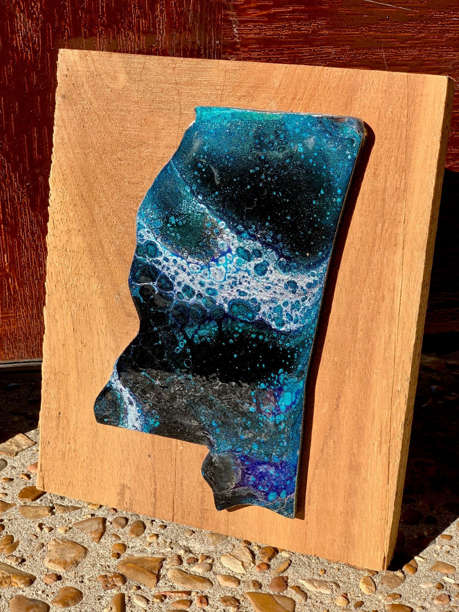 Mississippi State Art: Resin Pour Painting on Wood, Blue & Black Abstract Decor