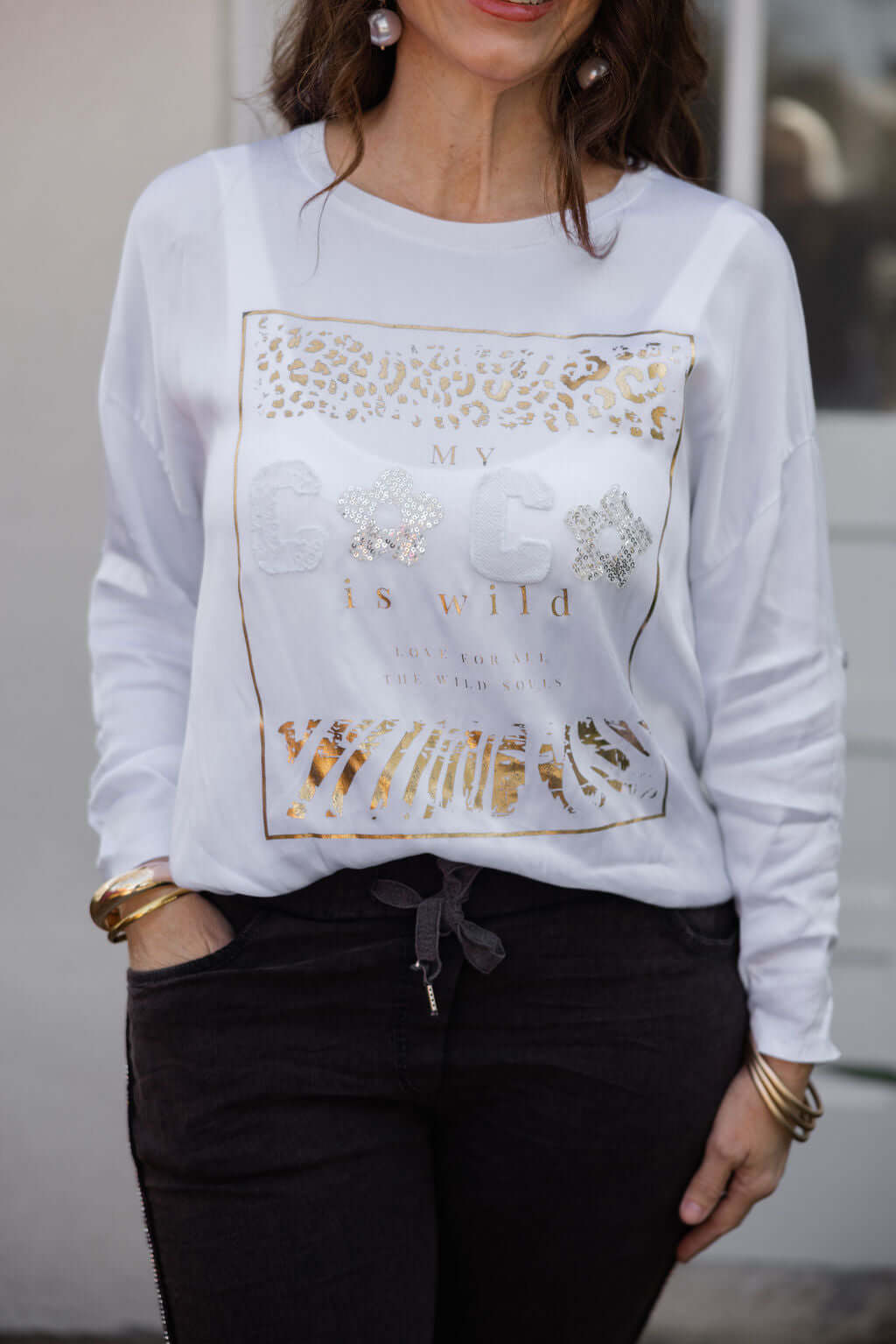 Gold Foil Top: Italian Silk Blouse - Keep It Trendy | Main Street Collective. Coco Graphic, One Size, Fashionable & Stylish