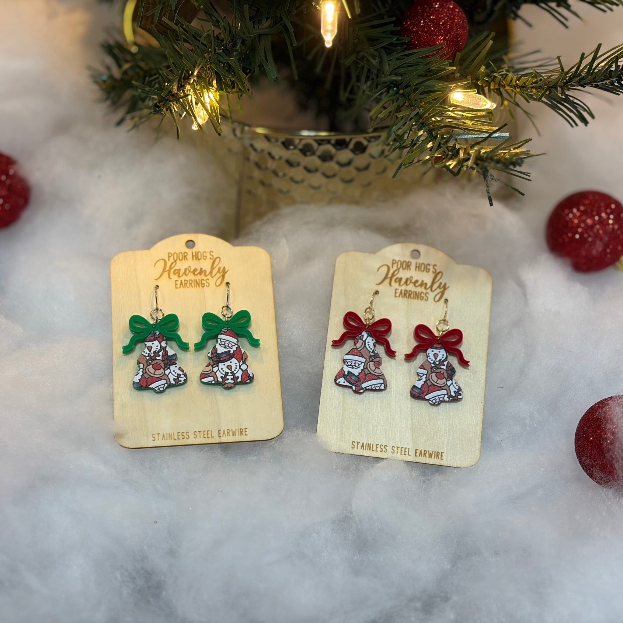 Christmas Tree Earrings: Snowman & Reindeer Holiday Jewelry with Red & Green Bows - Main Street Collective