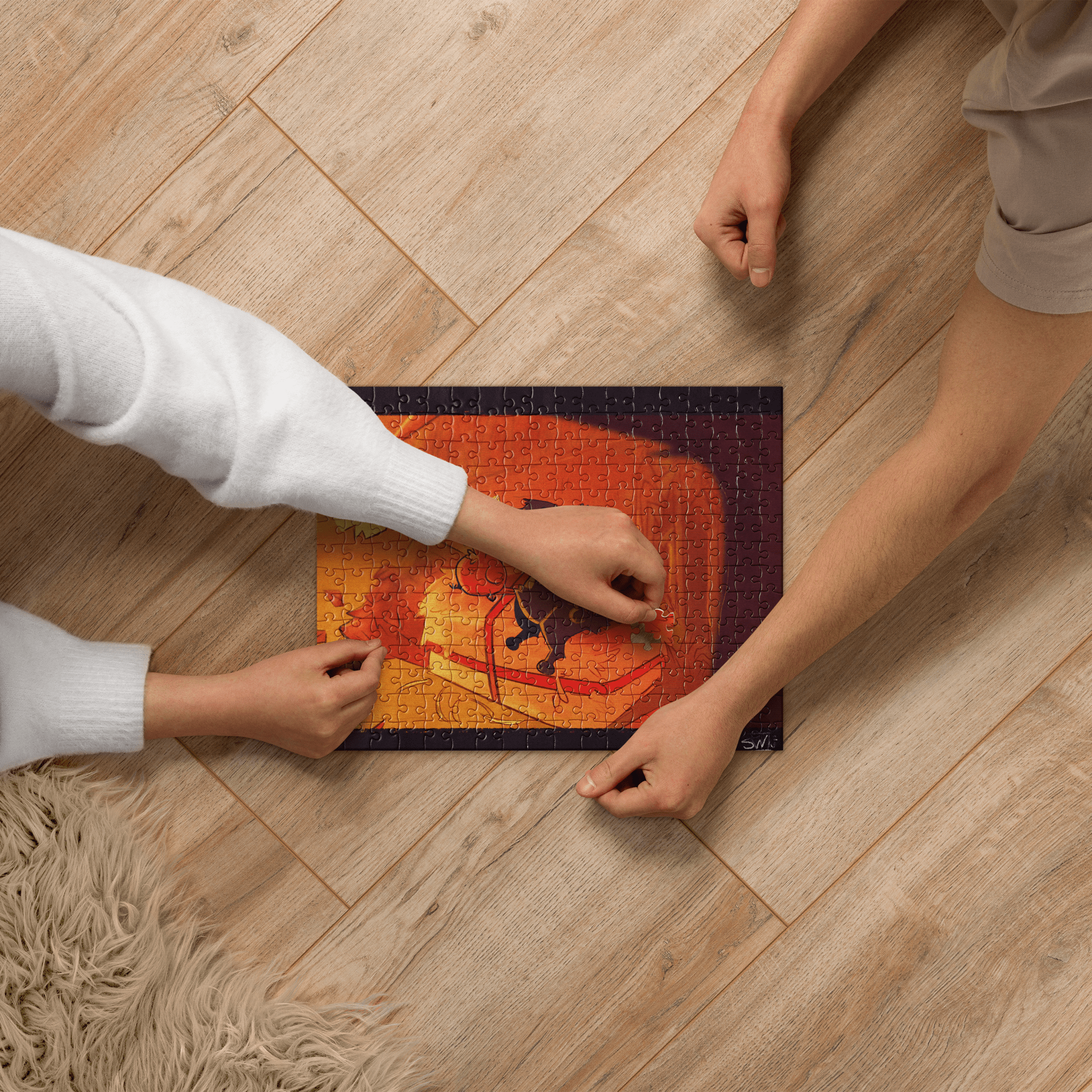 Jigsaw Puzzle Assembly: Two People Solve Vintage Rocking Horse Puzzle on Wooden Floor
