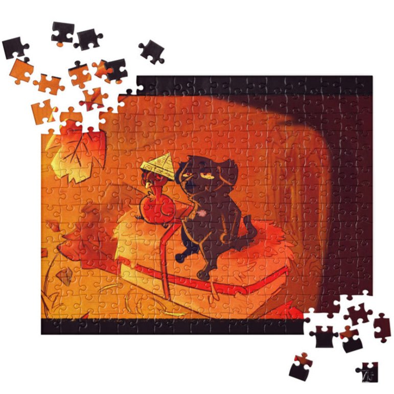 Dog & Turkey Jigsaw Puzzle - Autumn Scene on Haystack, 252 Pieces