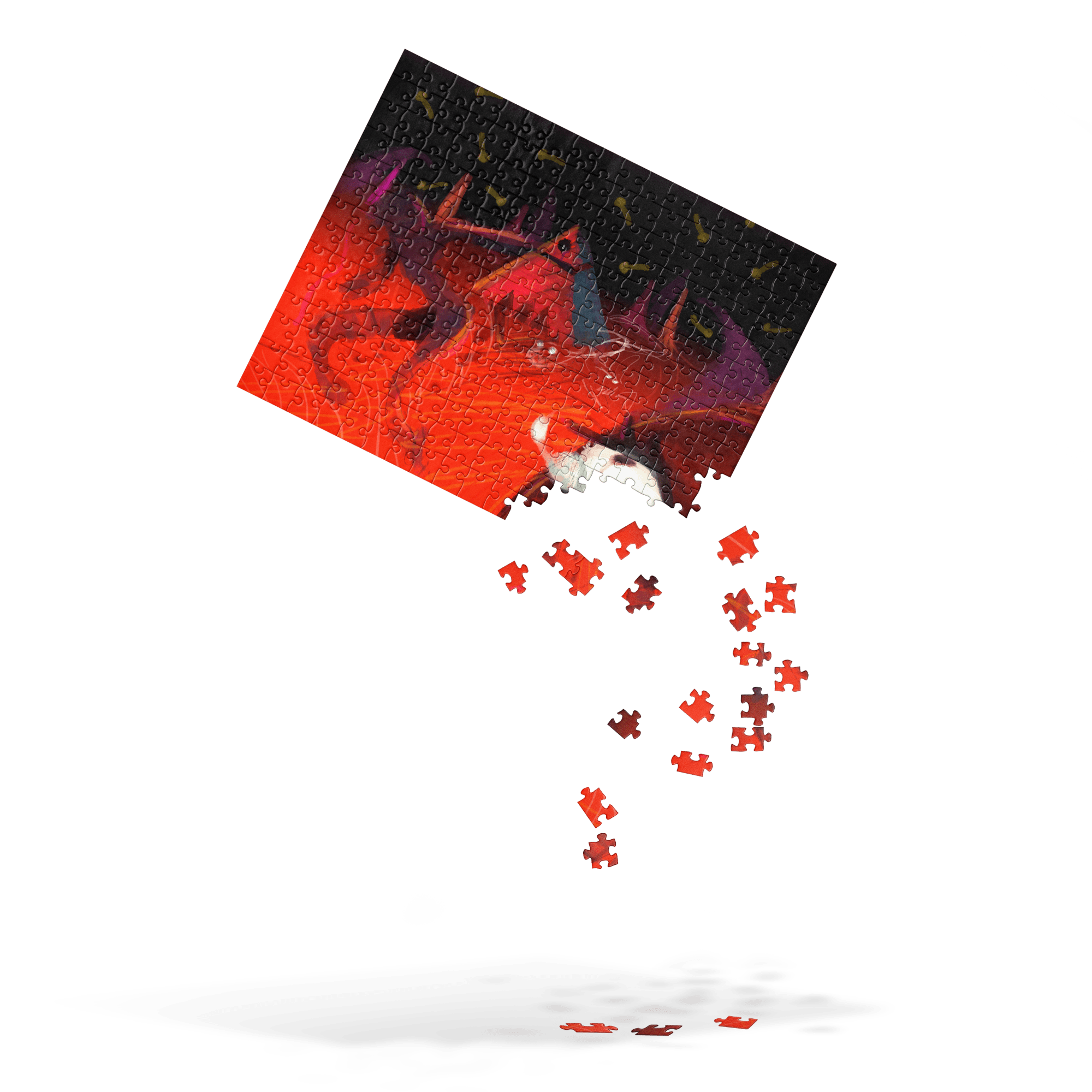 Viola Panther \"Power of the Empire\" Jigsaw Puzzle: 252 pieces, red & black abstract art, partially assembled. Main Street Collective