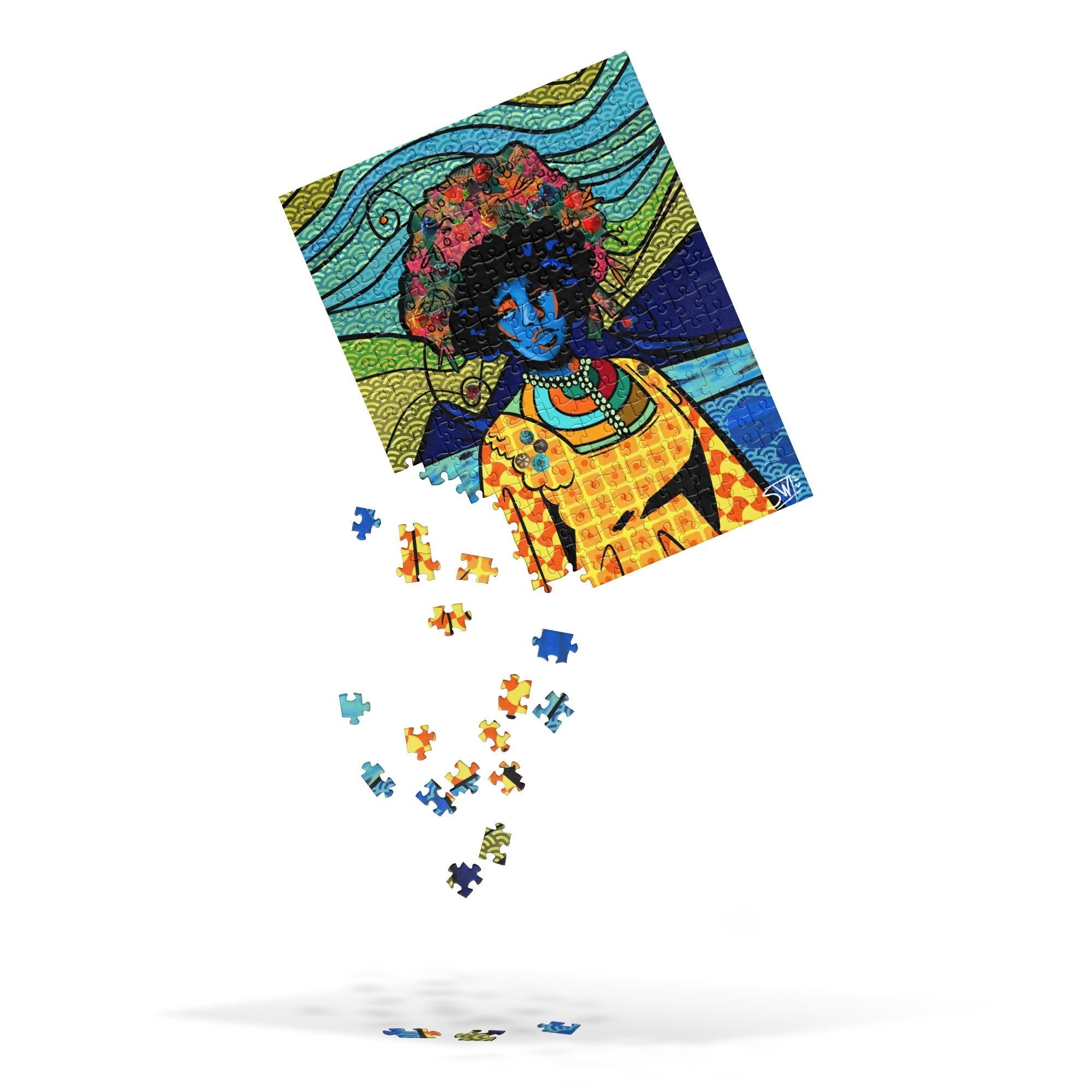Colorful Black art puzzle: portrait of a woman in vibrant colors. African American puzzle.