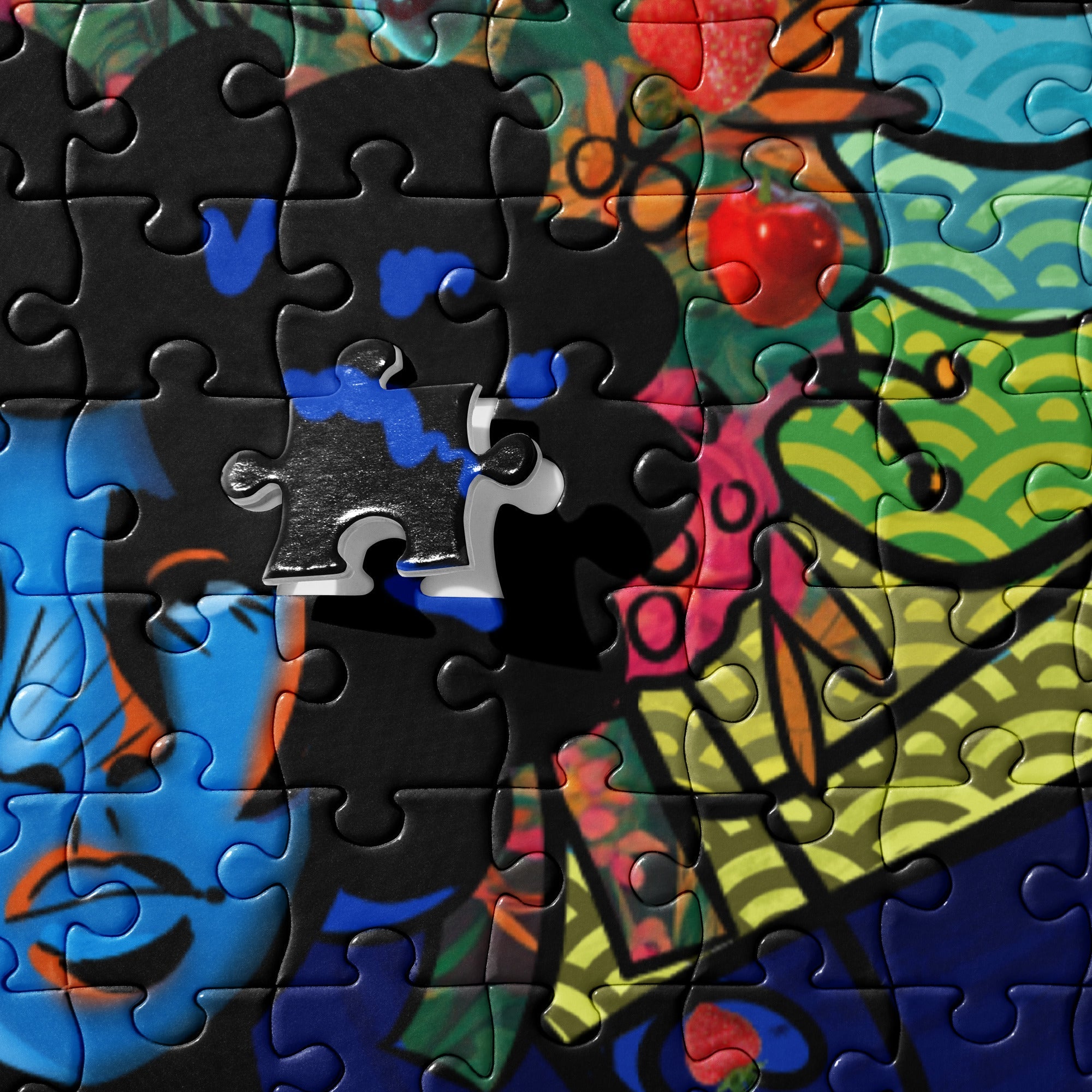 Colorful abstract jigsaw puzzle, incomplete, close-up detail