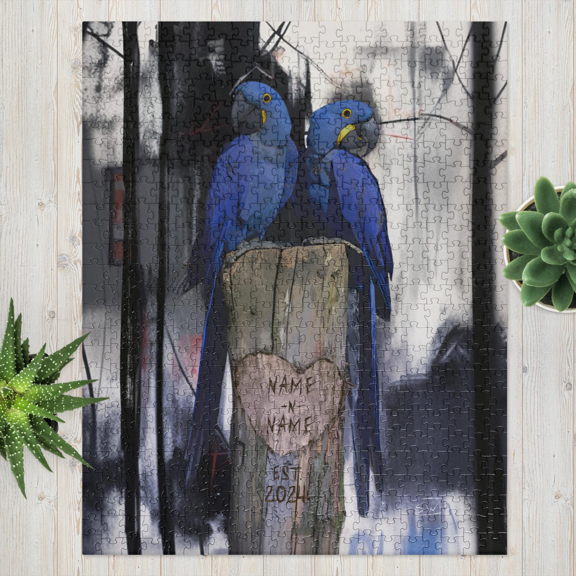 Custom Hyacinth Macaw Puzzle - Personalized Anniversary & Friendship Gift - Two Blue Parrots on Tree Stump
