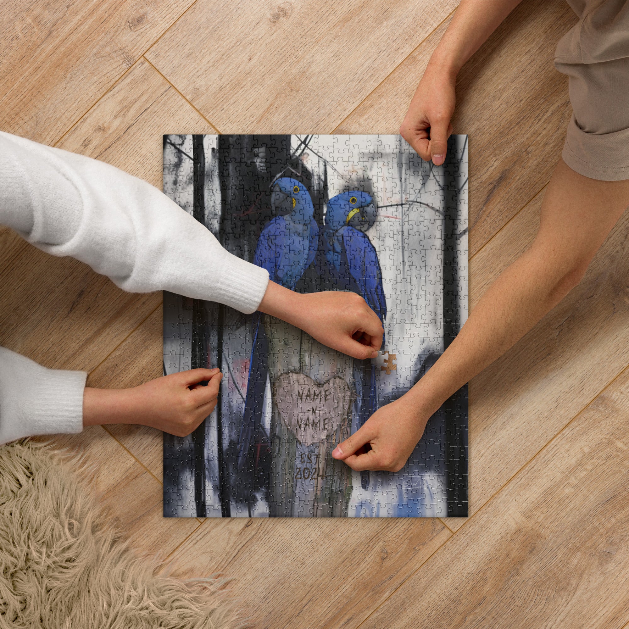 Couple Assembling Hyacinth Macaw Custom Puzzle: Anniversary or Friendship Gift, Piece by Piece Memories
