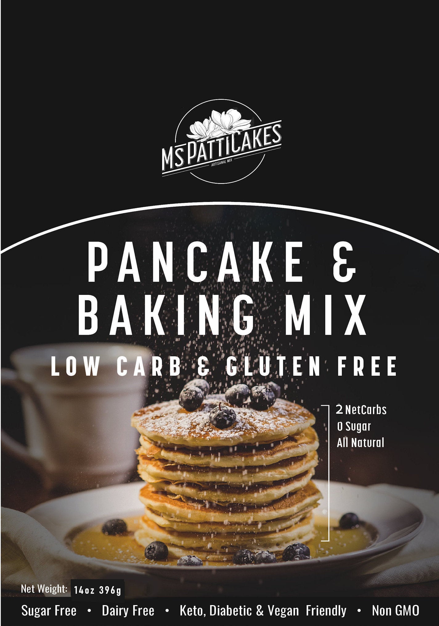 MsPatticakes Pancake Baking Mix: Low Carb, Gluten-Free, Keto-Friendly. Stack of pancakes with blueberries.