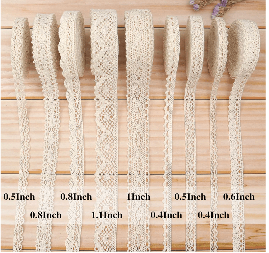 Cotton Lace Trim Variety Pack: 0.4 Inch, 0.5 Inch, 0.6 Inch, 0.8 Inch, and 1.1 Inch Widths - Vintage Style Fabric for Sewing and Crafts