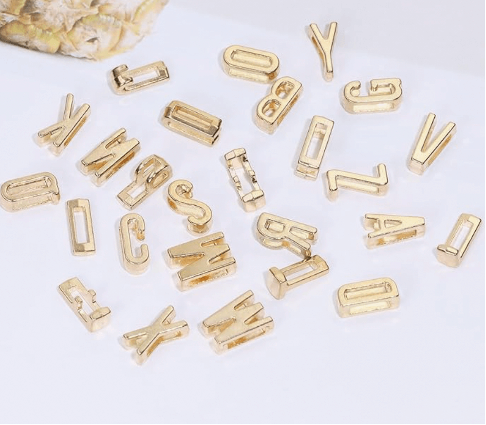 Gold Letter Charms for Jewelry Making - Slider Letters, alphabet beads, gold beads, alphabet charms, gold initial letters.